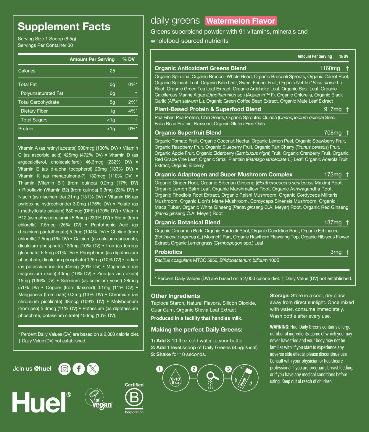 Nutritional label for Daily Greens Watermelon