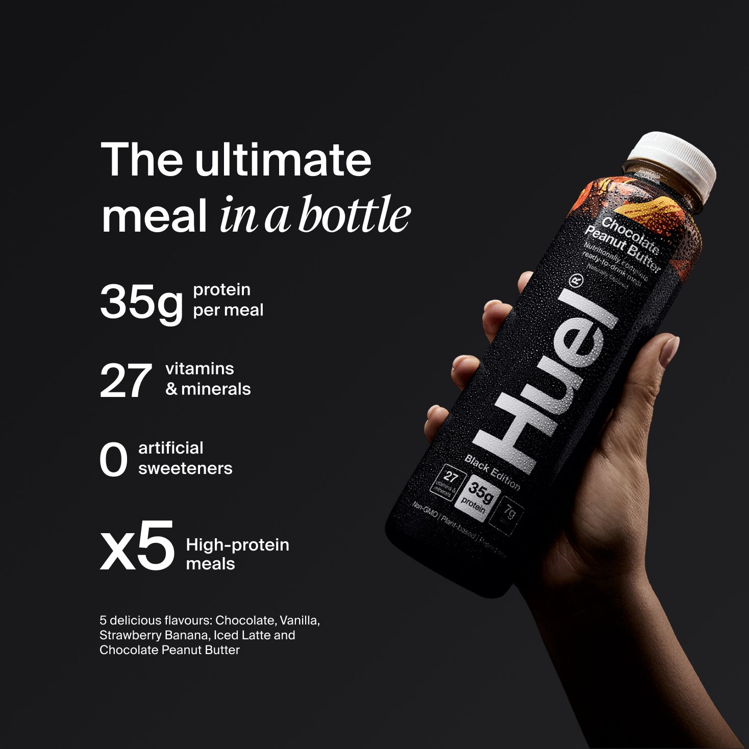 A bottle of Huel Black Edition Ready-to-drink next to nutritional callouts