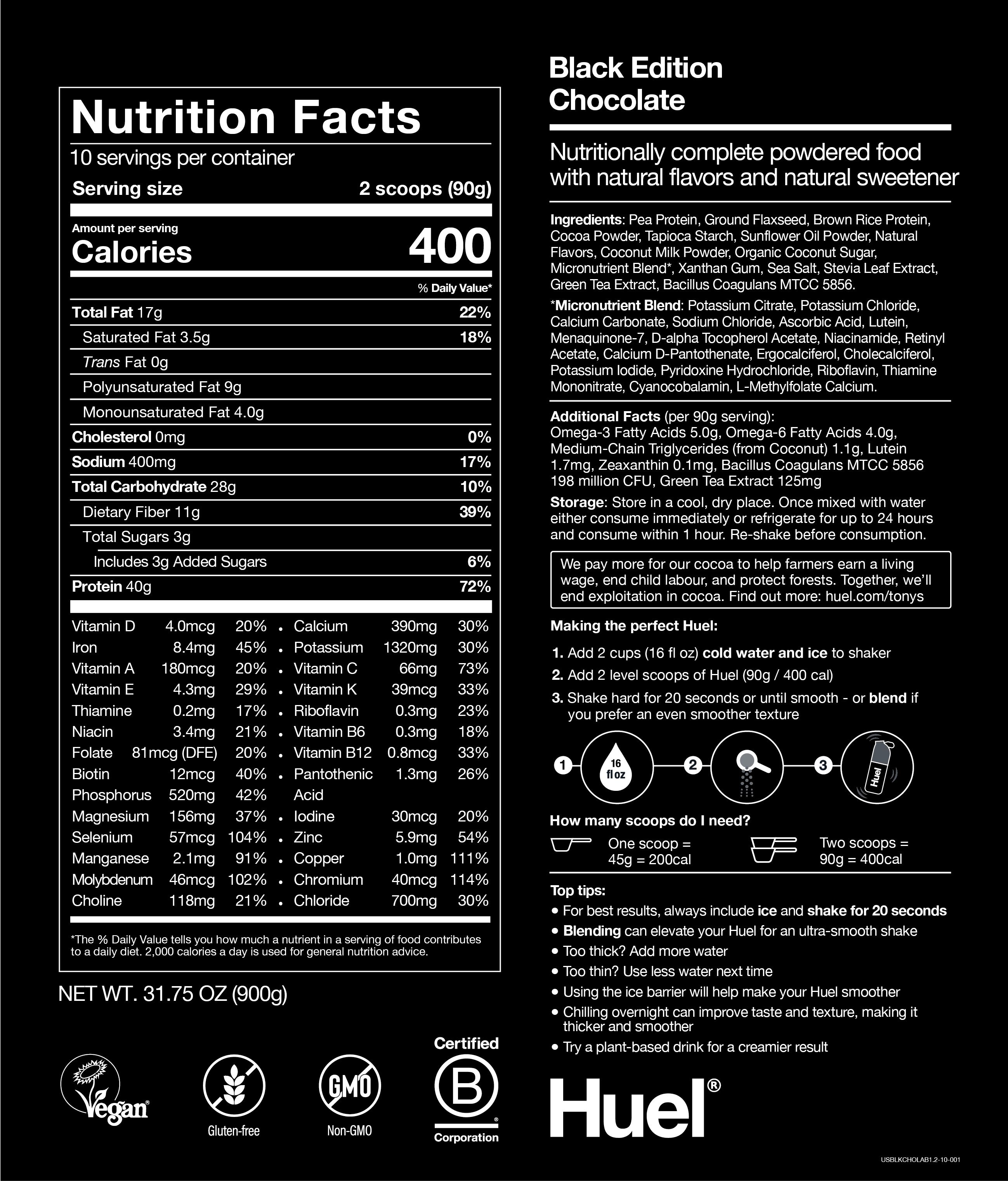 Nutritional information for Huel Black Edition (10 Meals) - Chocolate