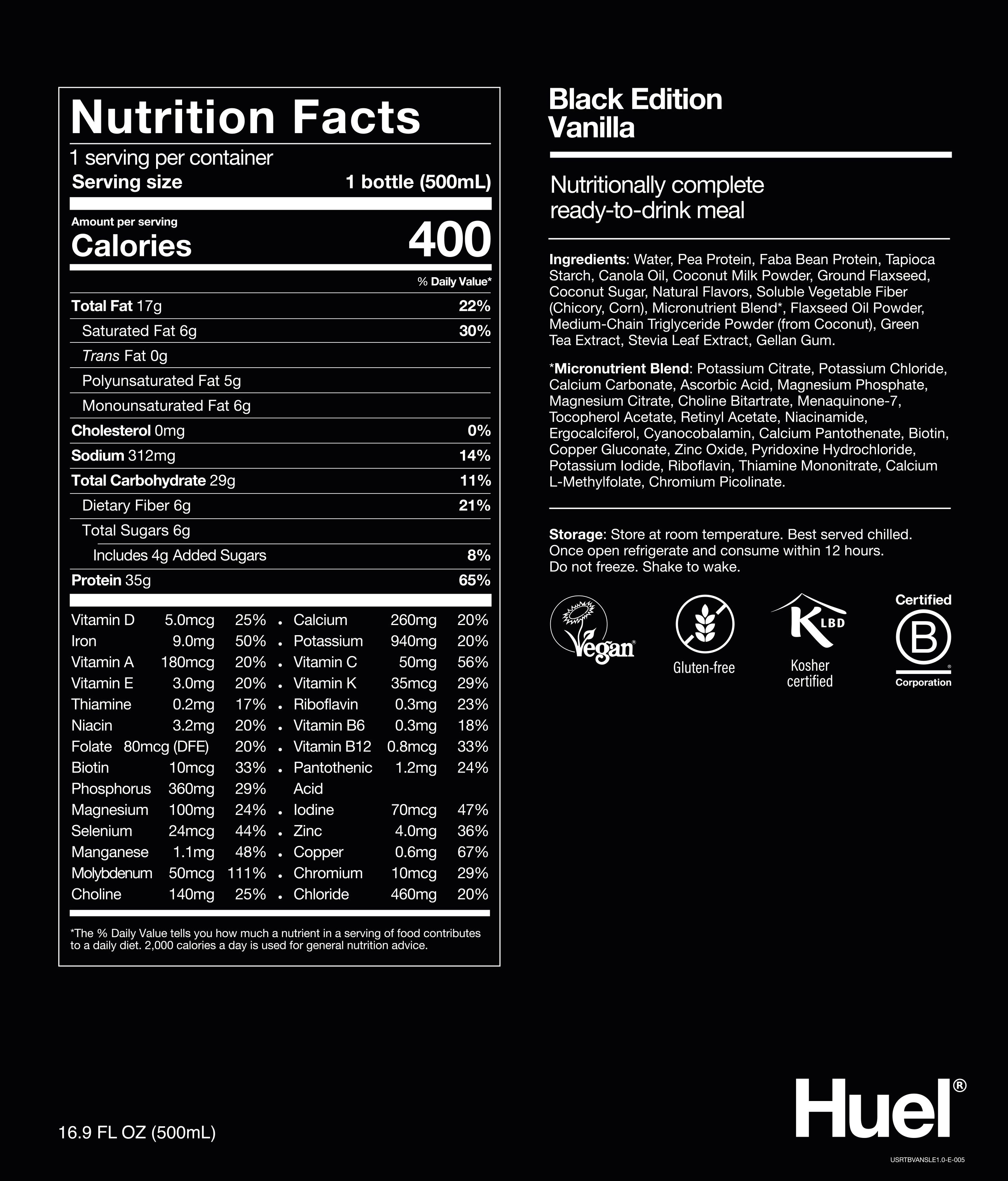 Nutritional information for Black Edition ready-to-drink