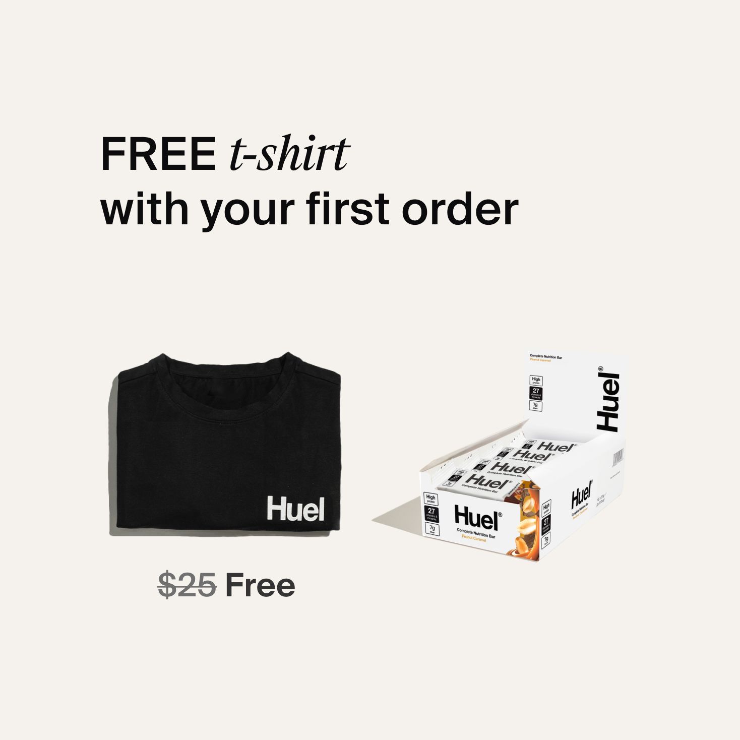A box of Huel complete nutrition bars on a neutral background next to a black Huel t-shirt