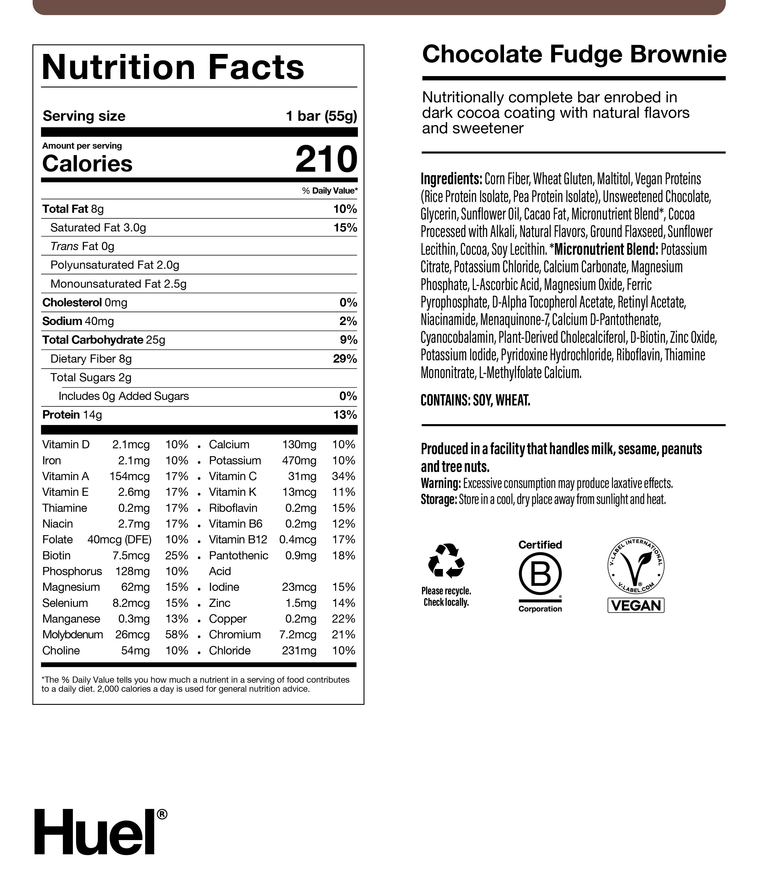Nutritional label for Complete Nutrition Bar Chocolate Fudge Brownie 