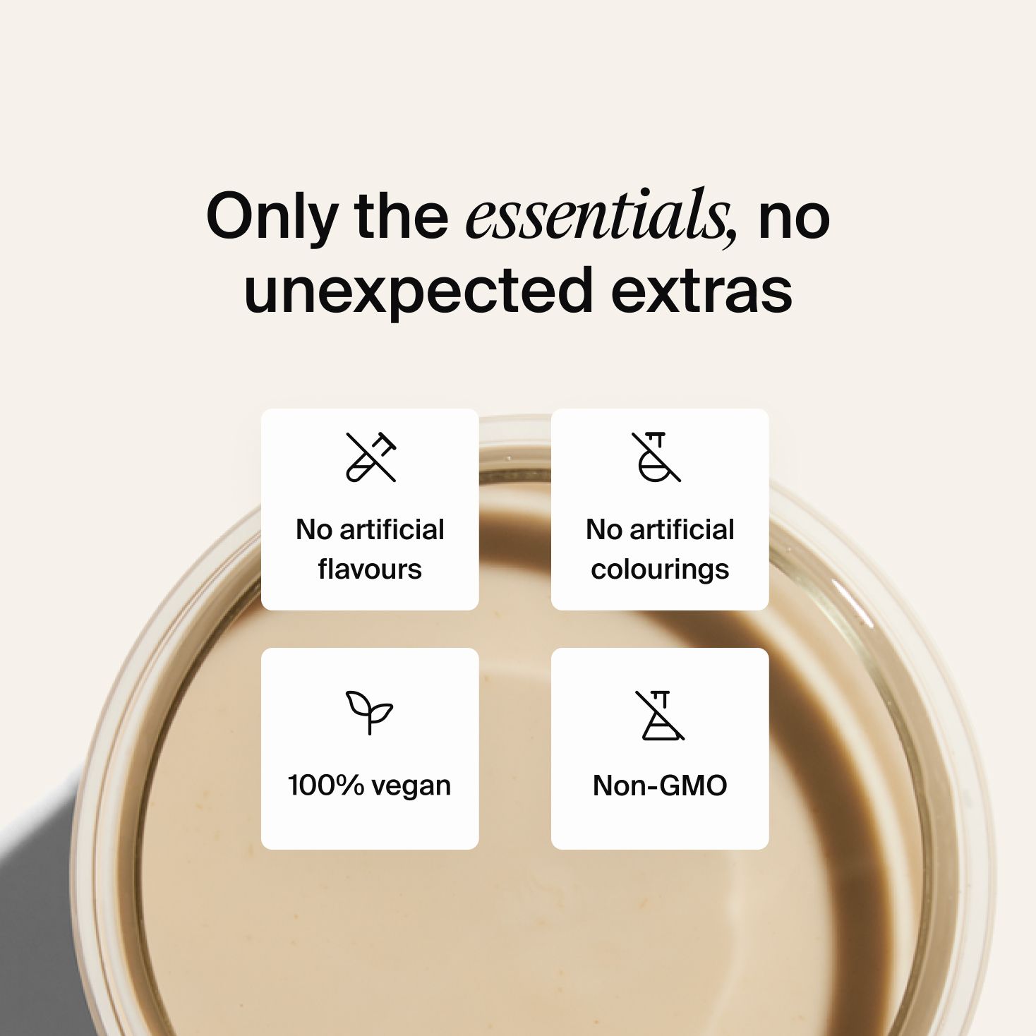 image of a glass of Huel meal replacement drink on a neutral colour background with key health benefits