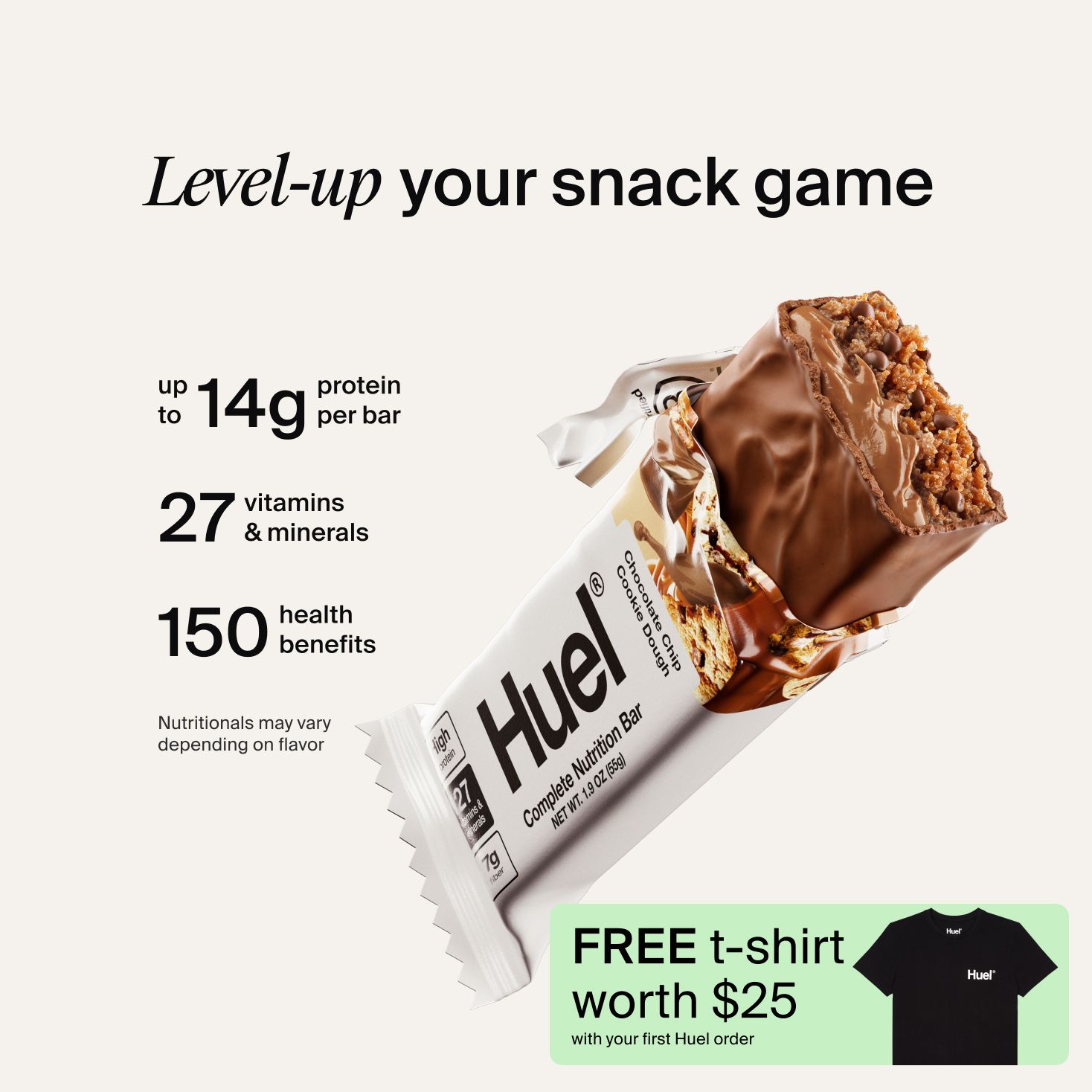 A Huel Complete Nutrition bar with a peanut and caramel filling, set against a beige-colour background