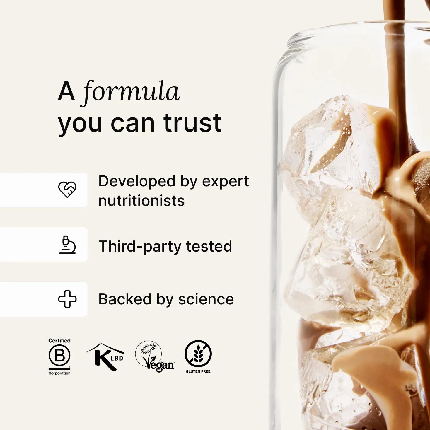 Huel RTD protein drink being poured into a glass filled with ice