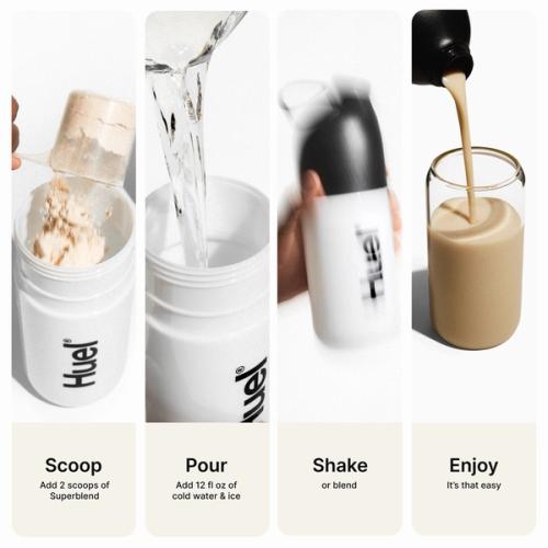 a visual, step-by-step guide for how to prepare the Greens - Add, Scoop, Shake, Enjoy!