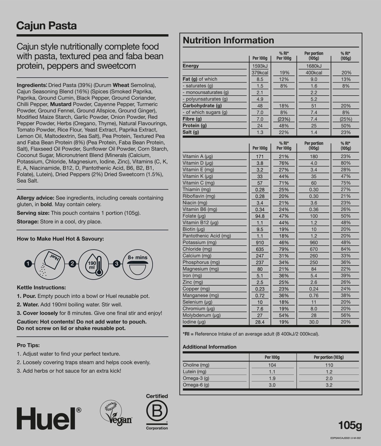 Hot & Savoury Meal Pack BOP Nutritional Information 