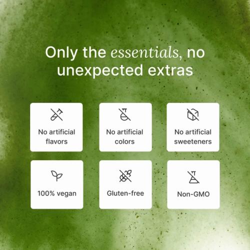 A list of health benefits of Huel Daily Greens set against a background comprising an extreme close-up of Huel Daily Greens