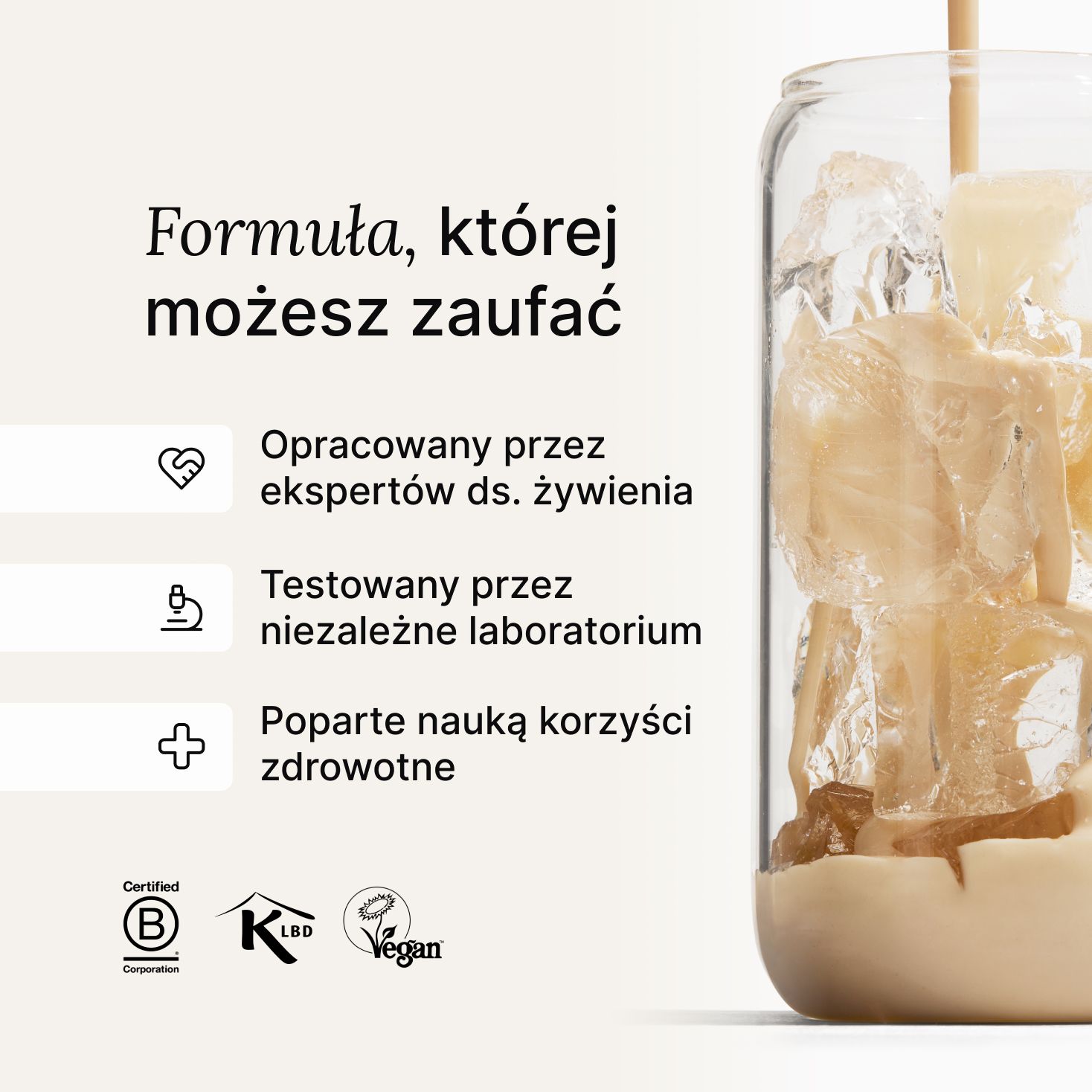 Huel meal replacement drink being poured into a glass of ice