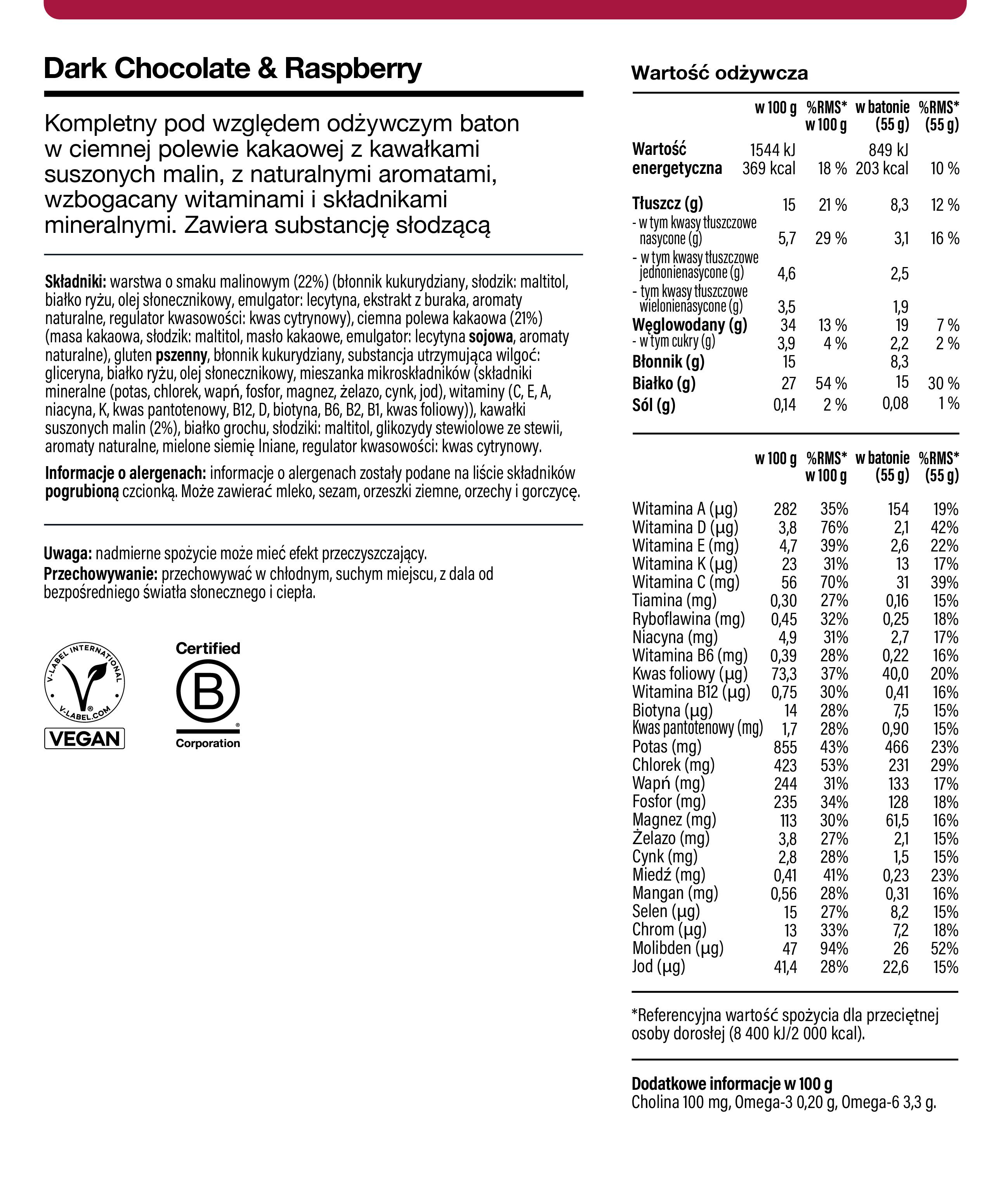 Nutritional information for Huel Complete Nutrition Bar - Dark Chocolate Raspberry