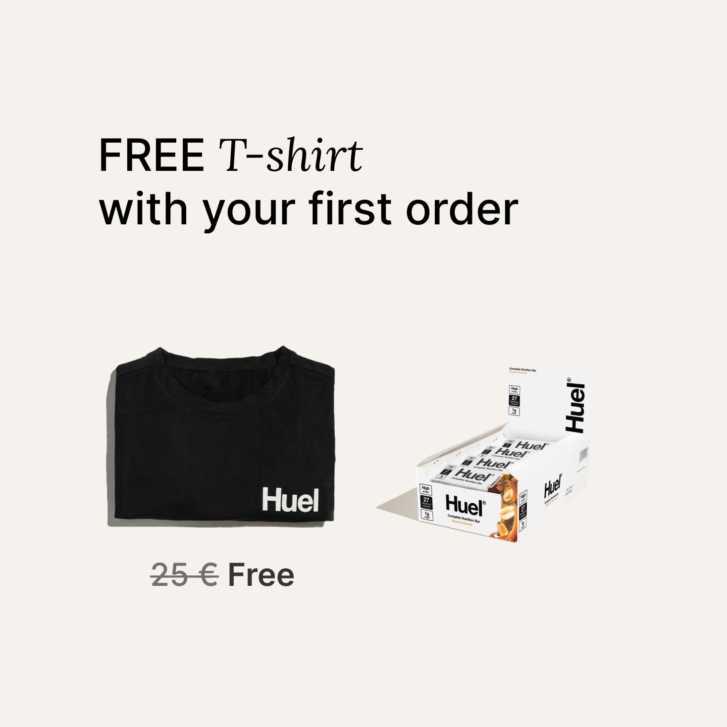 A box of Huel complete nutrition bars on a neutral background next to a black Huel t-shirt