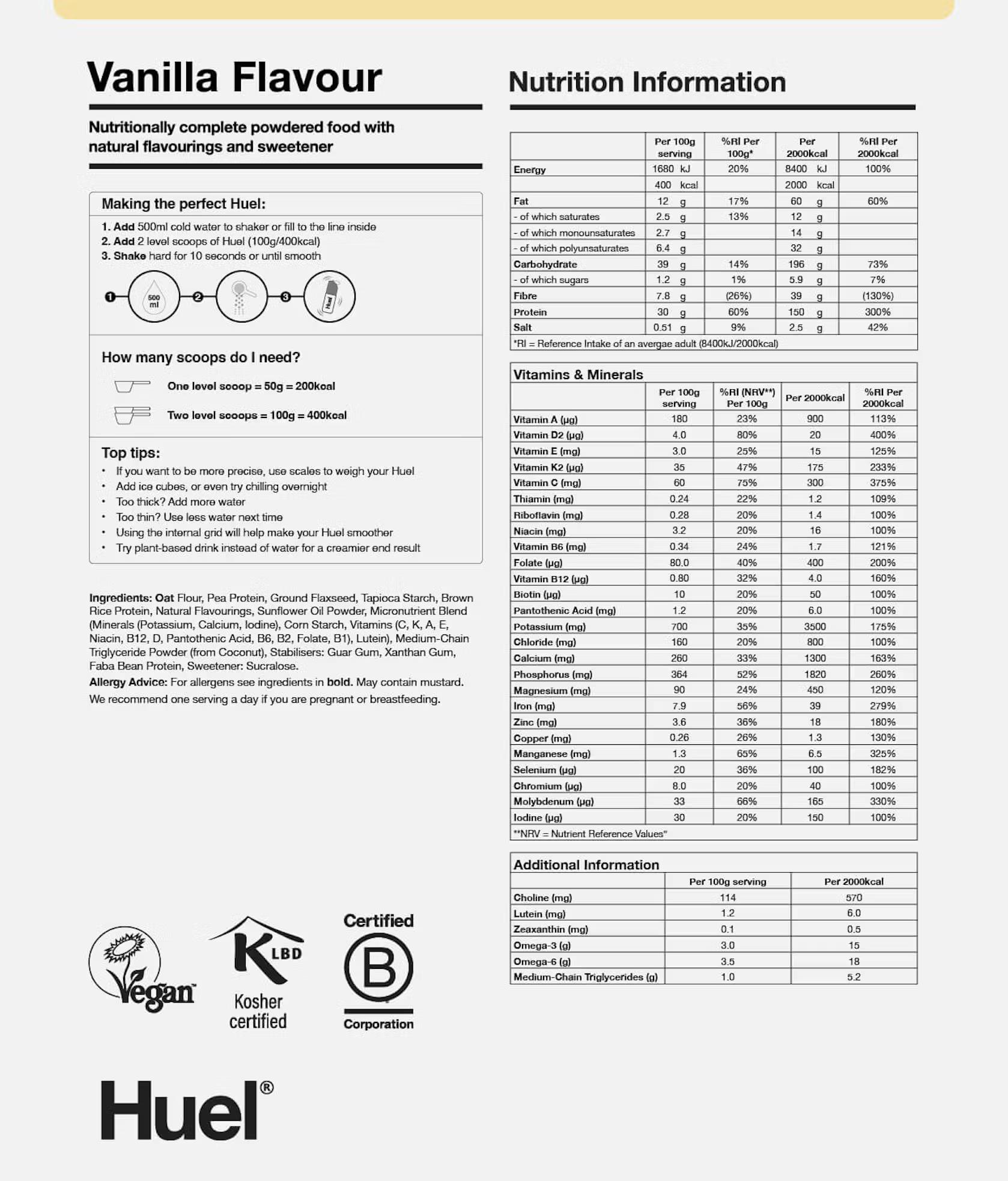 Powder Vanilla BOP Nutritional Info