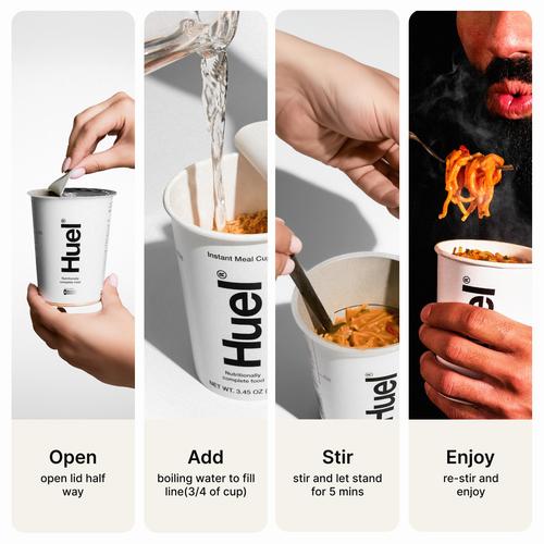 How to make Pots- Open lid half way, add boiling water to fill line, stir and let stand for 5 mins, enjoy