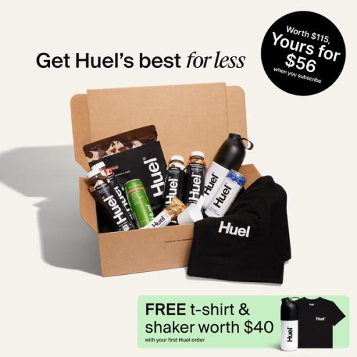 A selection of Huel products featured in the Discovery Bundle- Black Edition 10-serve, Black Edition Ready-to-drink, Daily Greens Ready-to-drink, and Hot & Savory Meal Packs
