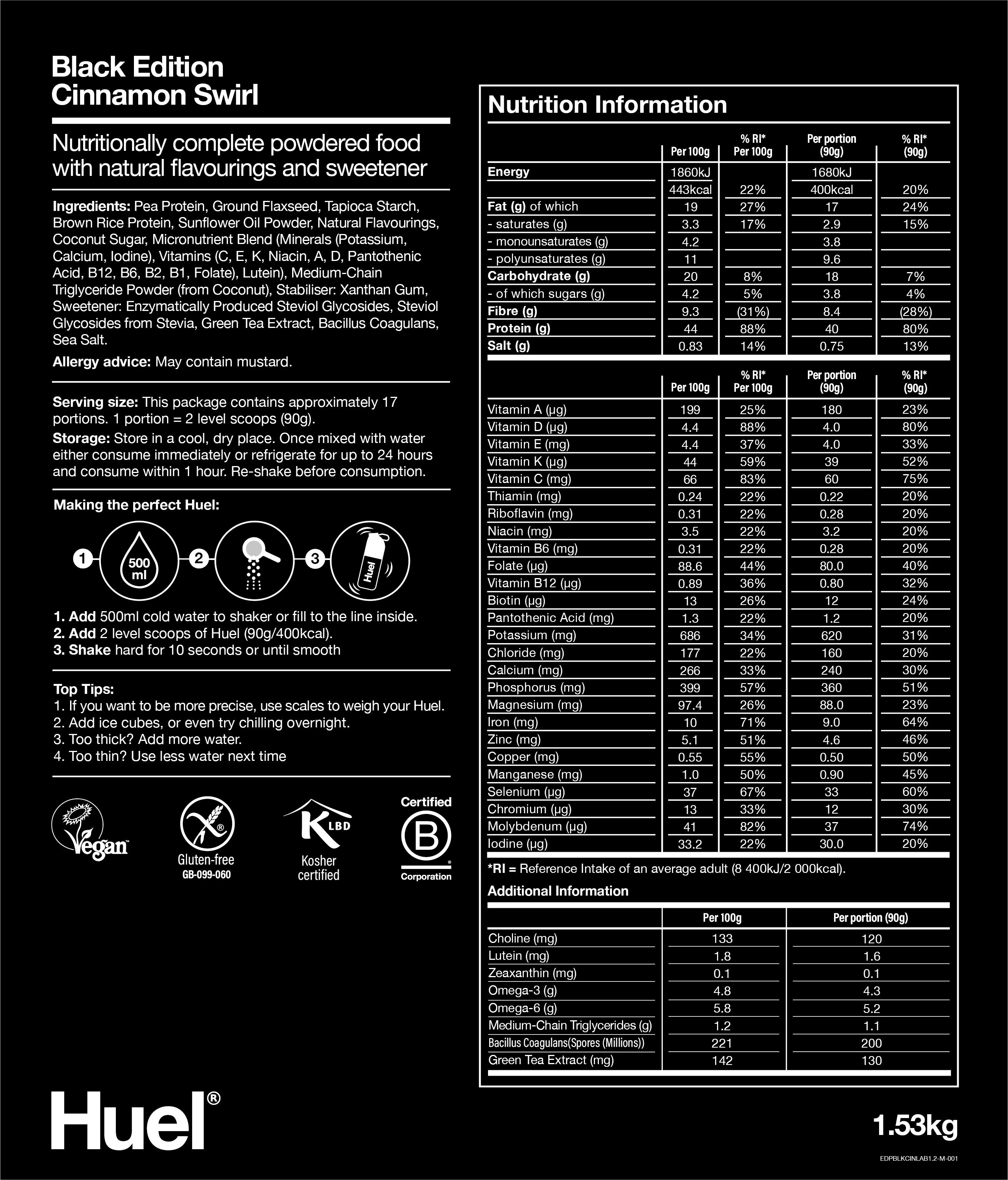 Nutritional information for Black Edition Huel - Cinnamon Swirl