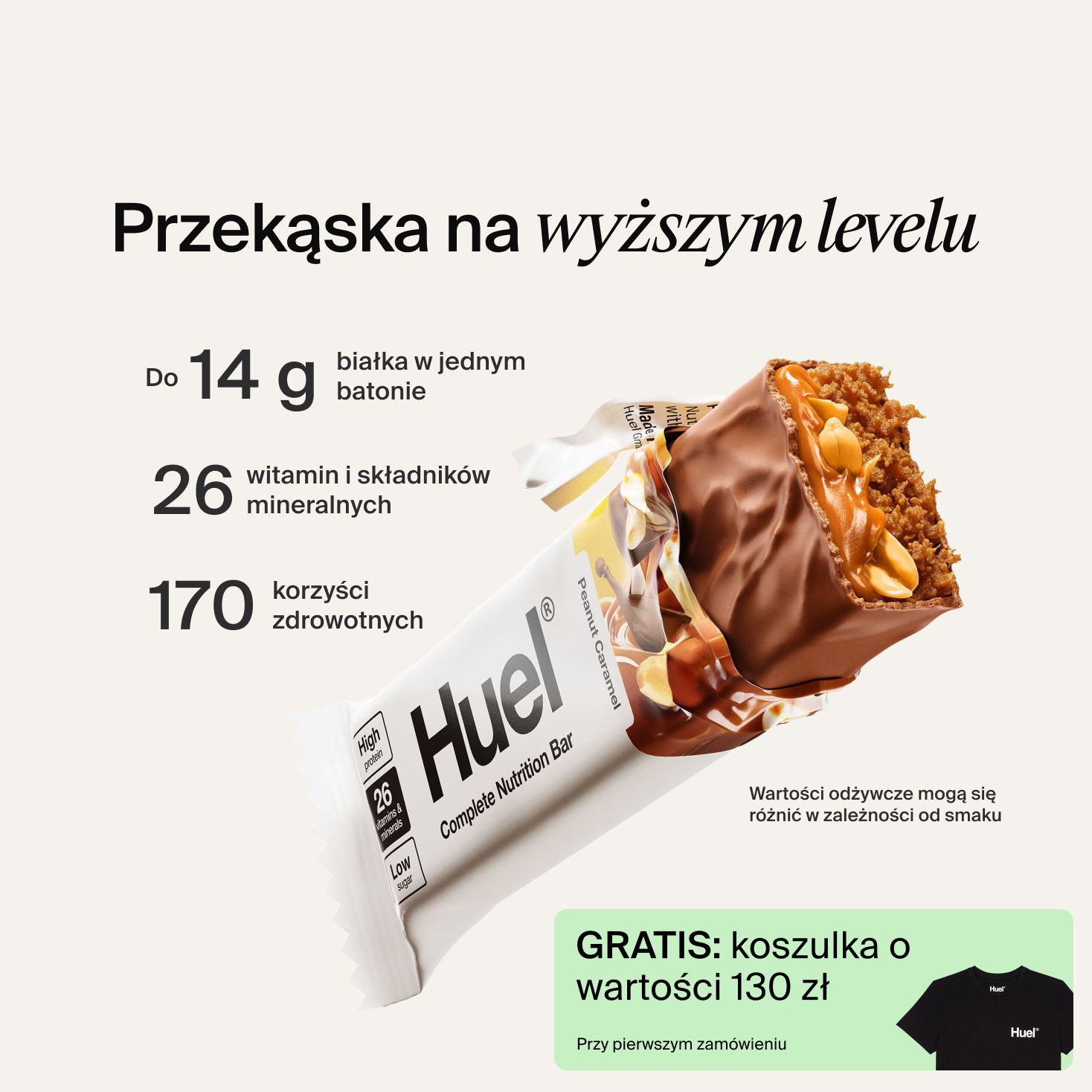 A Huel Complete Nutrition bar with a peanut and caramel filling, set against a beige-colour background