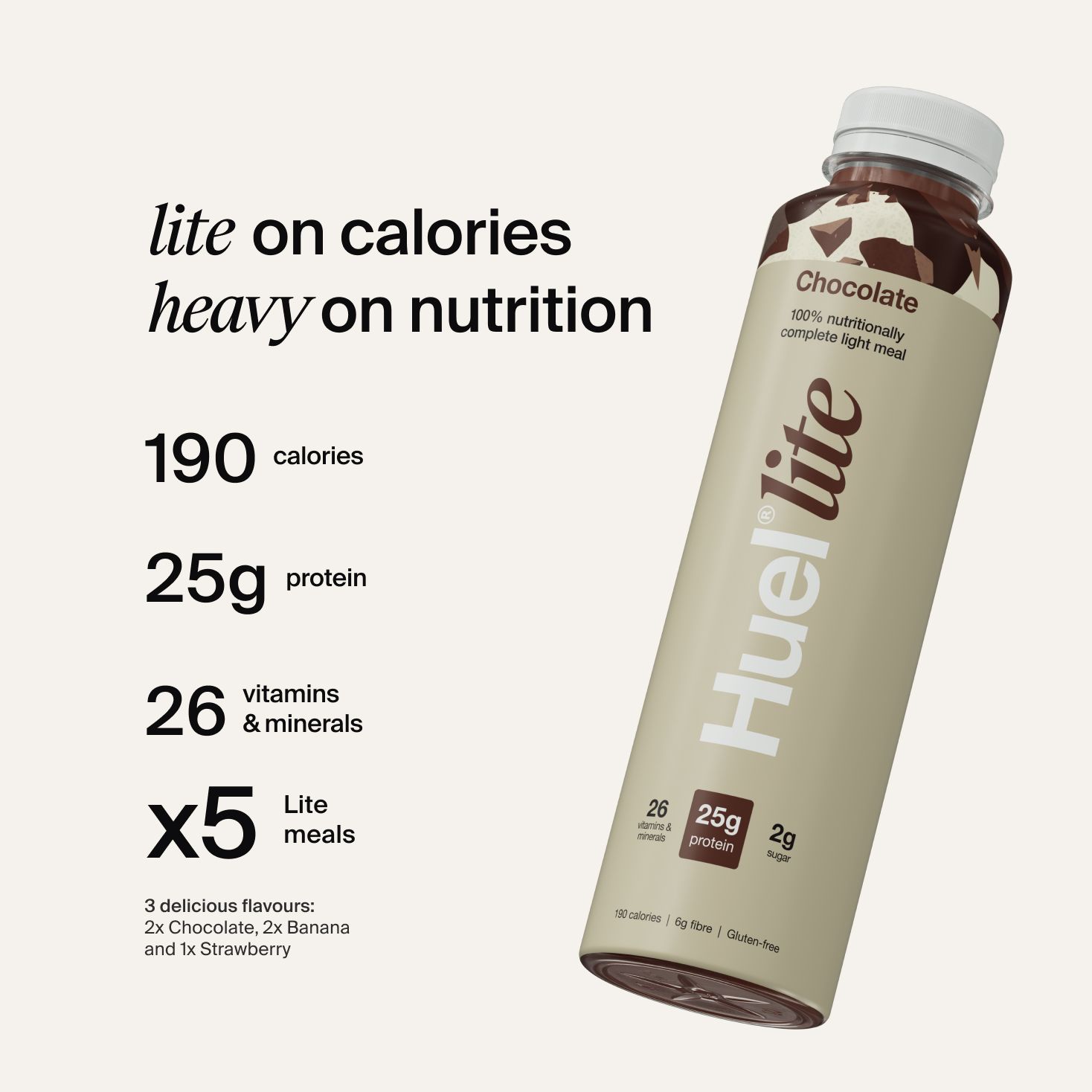 a Huel Lite Ready-to-drink chocolate flavour bottle next to nutritional callouts