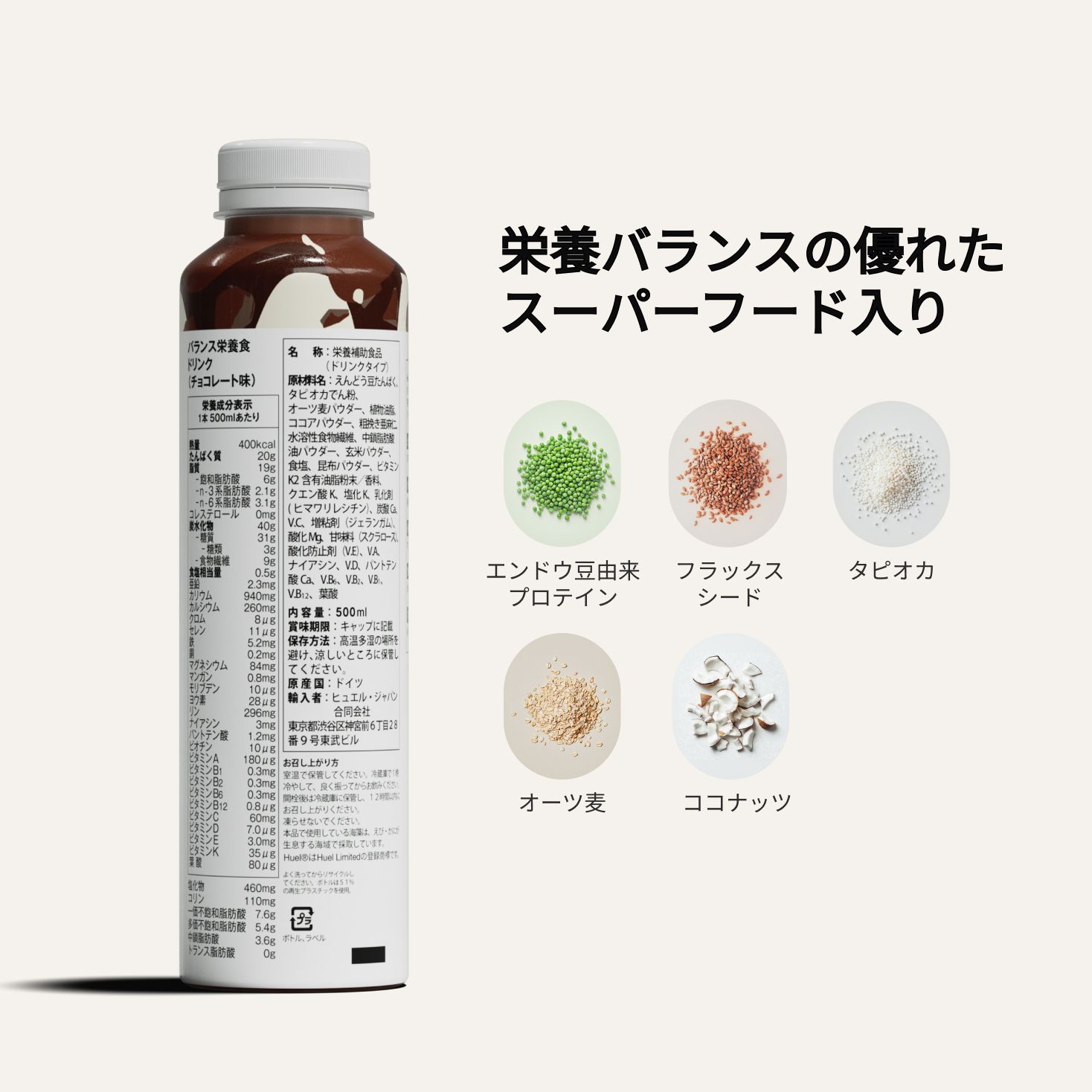 Reverse of a Japanese Huel Ready-to-drink Bottle on a neutral background accompanied by text and ingredients close-ups