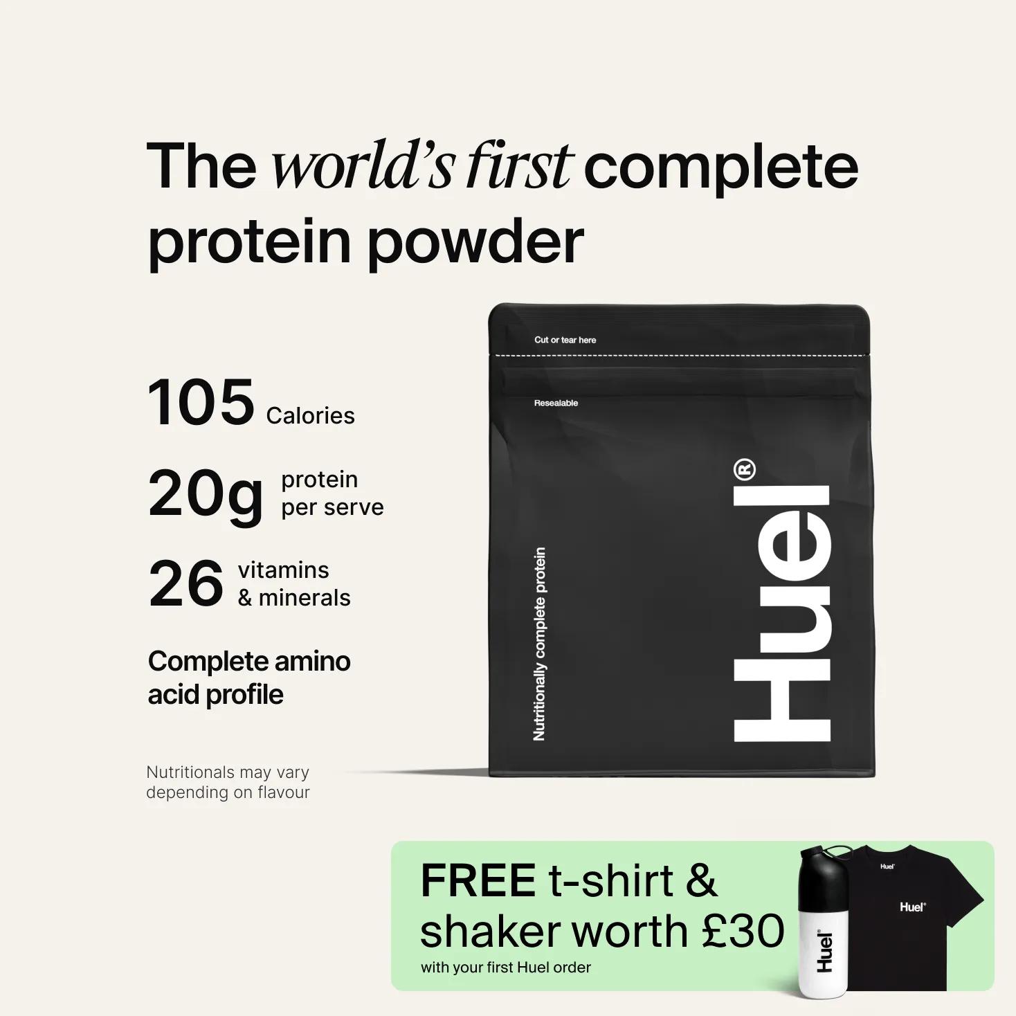 Black bag of Huel Complete Protein powder on a neutral colour background, accompanied by key benefits of Huel
