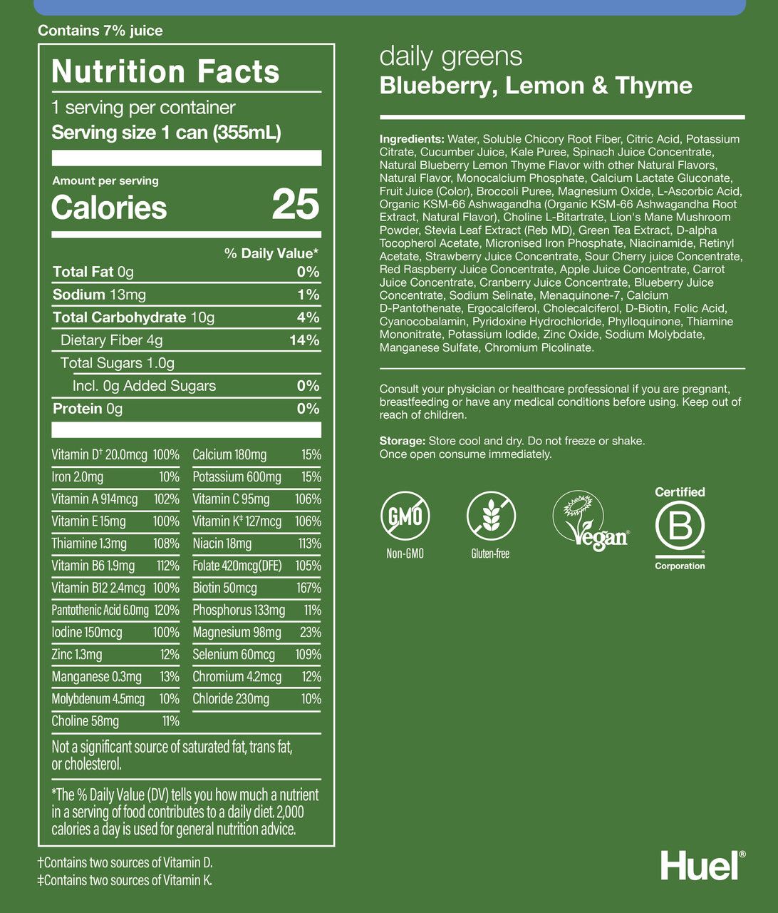 Nutritional label for Daily Greens RTD Blueberry, Lemon & Thyme