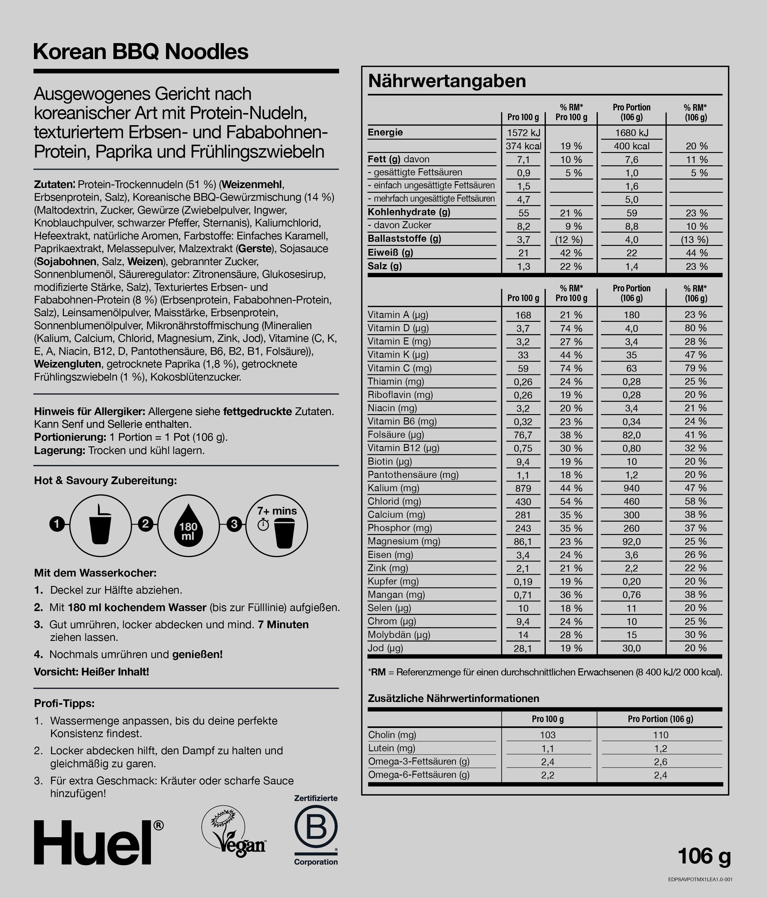 Huel Hot & Savoury Pots- Korean BBQ Nährwerte und Zutaten