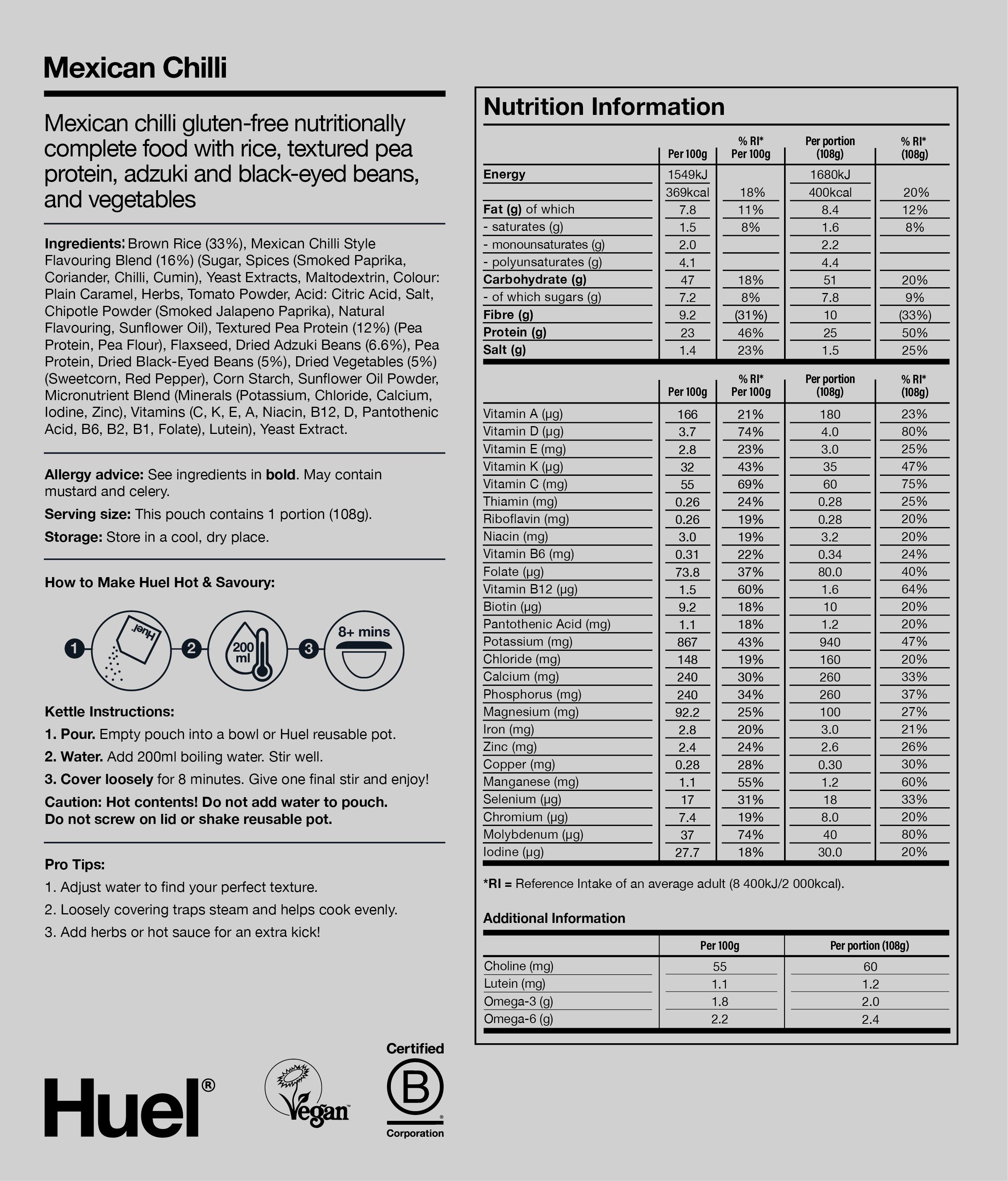 Hot & Savoury Meal Pack BOP Nutritional Information 