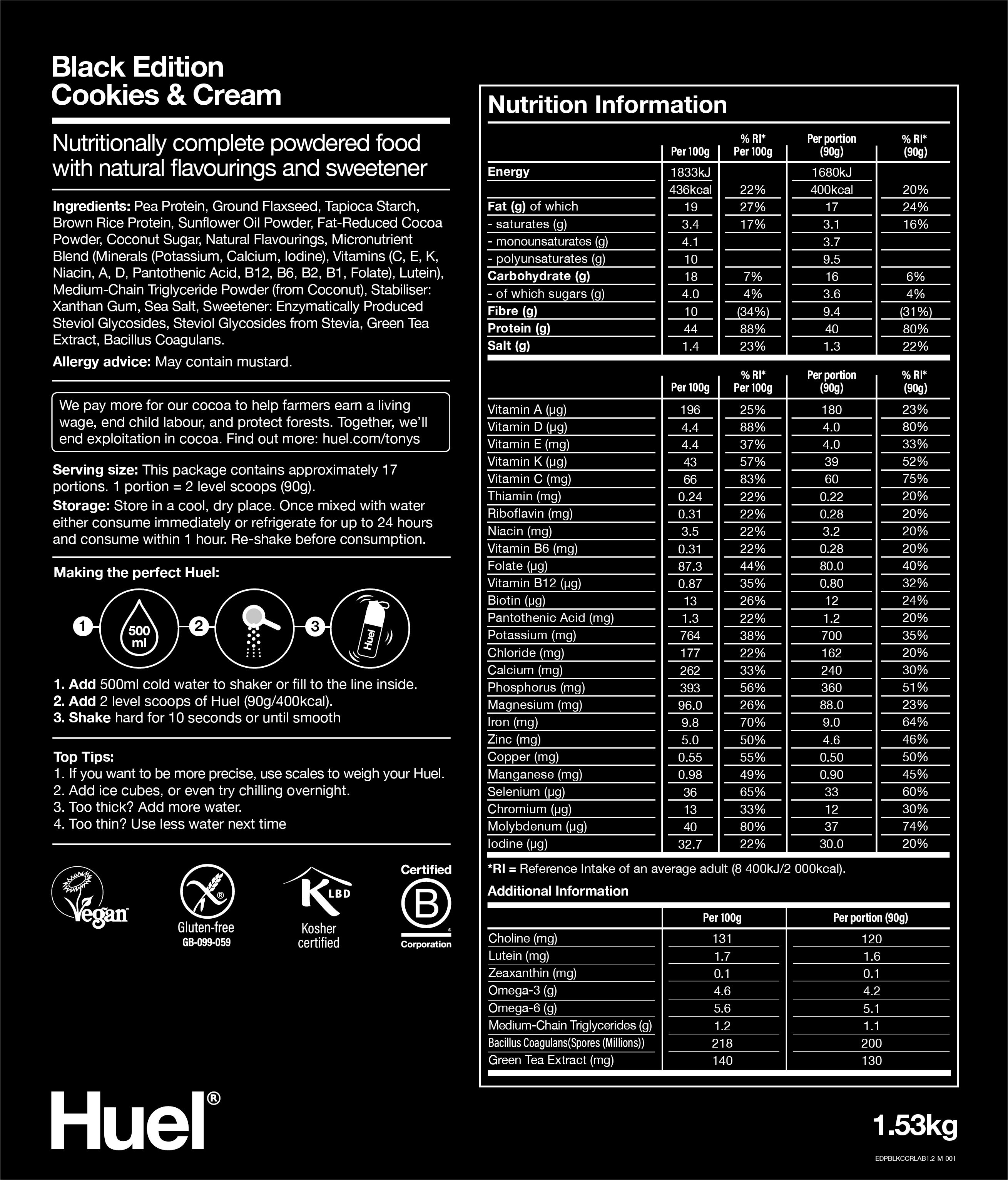 Nutritional information for Black Edition Huel - Cookies & Cream