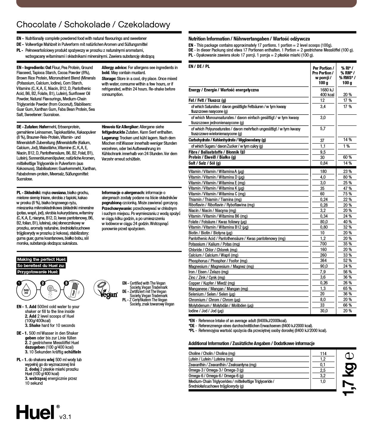 Informacje żywieniowe o proszku czekoladowym BOP