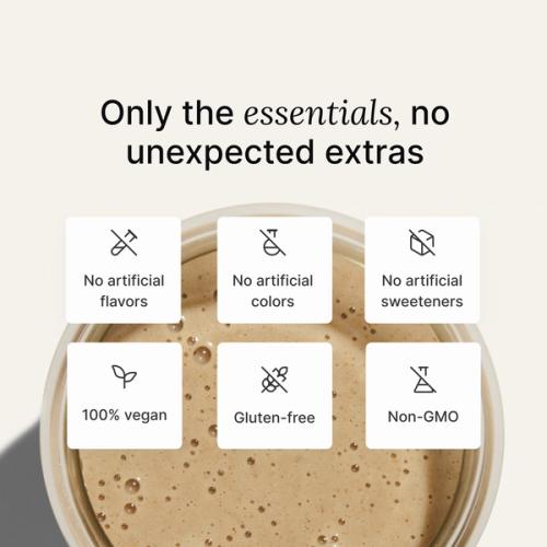 A list of health benefits of Huel Daily Greens set against a background comprising an extreme close-up of Huel Superblend