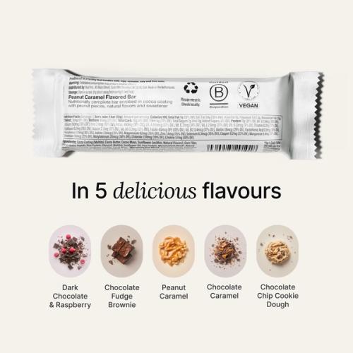 The back-of-pack label of a Huel Complete Nutrition Bar accompanied by images of ingredients