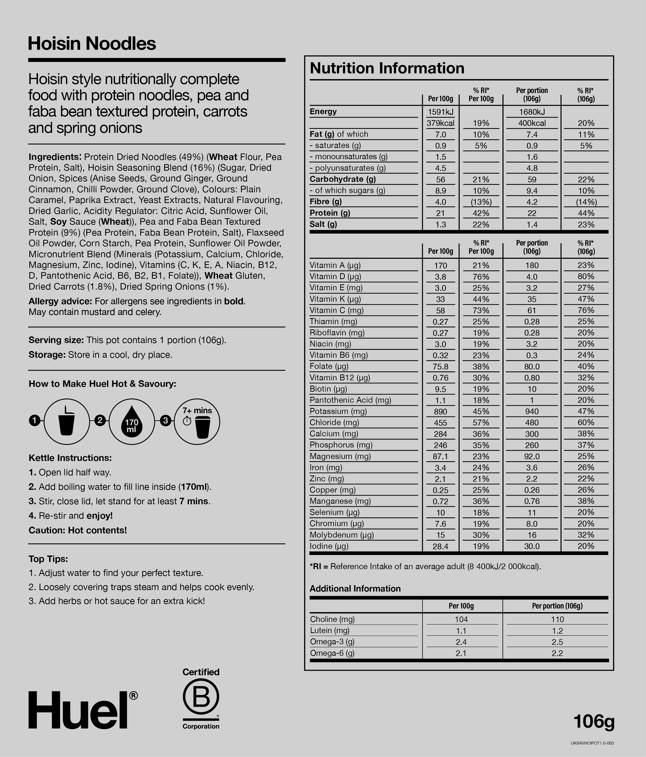  Nutritional information for Huel Hot & Savoury Pots- Hoisin 'Duck' Noodles