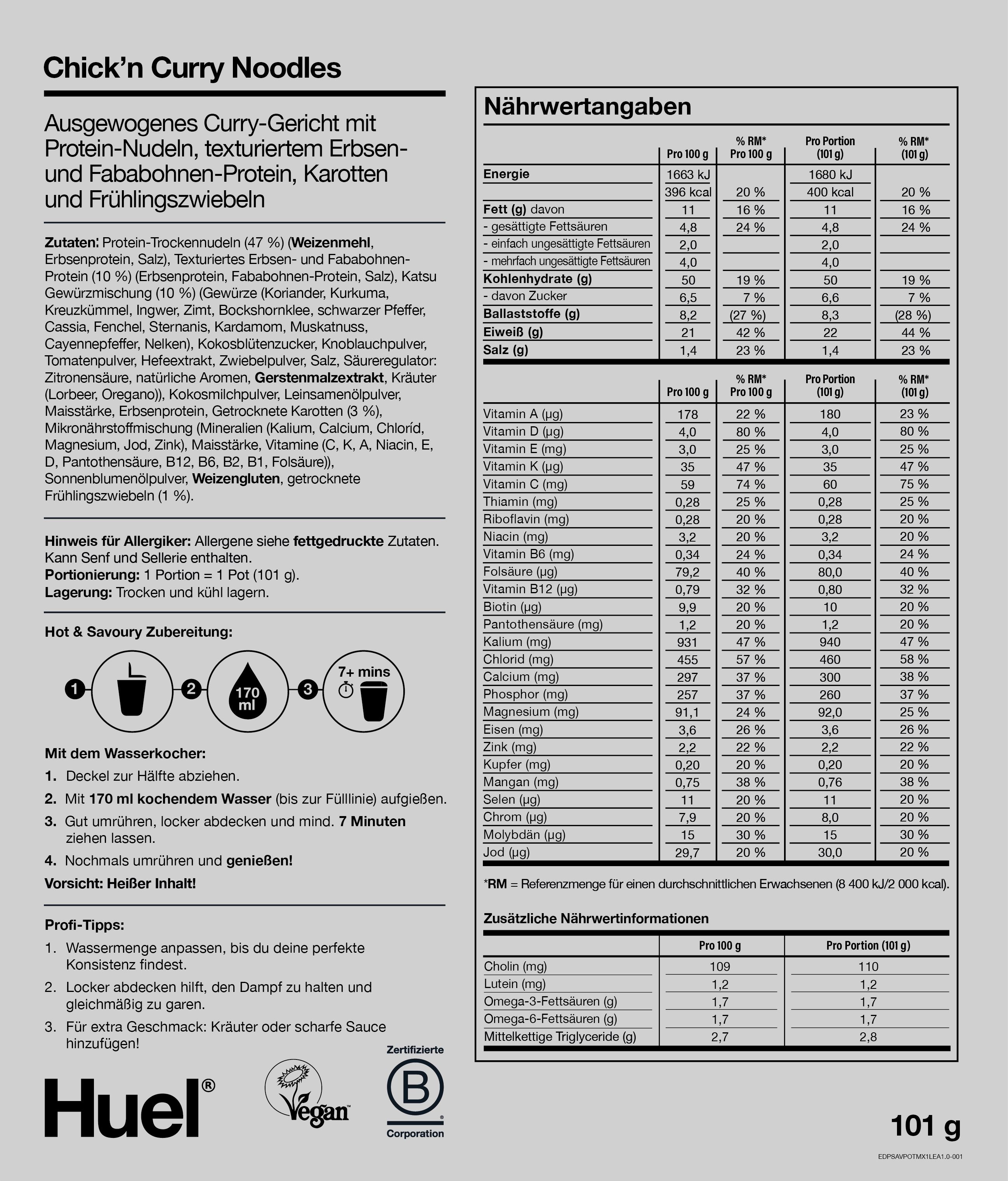 Huel Hot & Savoury Pots-  Katsu Curry Noodles Nährwerte und Zutaten