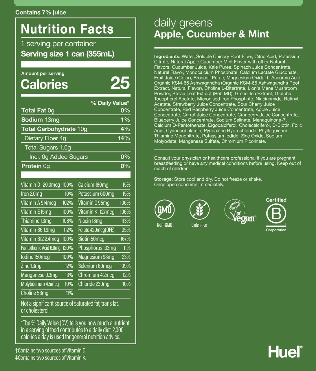 Nutritional label for Daily Greens RTD Apple, Cucumber & Mint