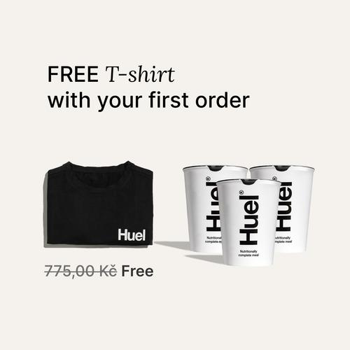 Free t-shirt & delivery with your first order wording with imagery of the free T-shirt alongside 3 Huel Pots