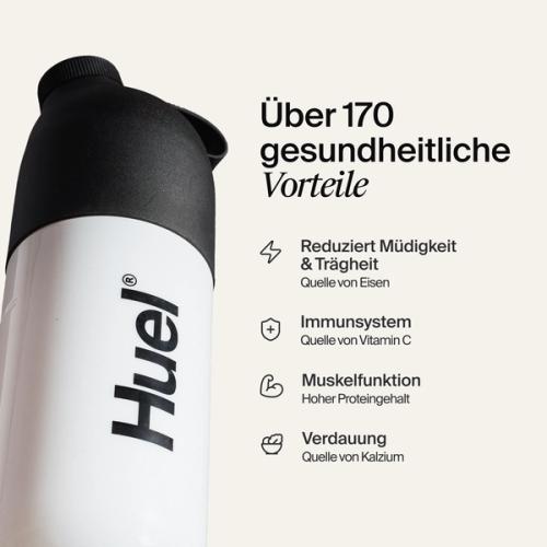 A black and white Huel shaker on a neutral background, with the benefits of Huel listed beside it