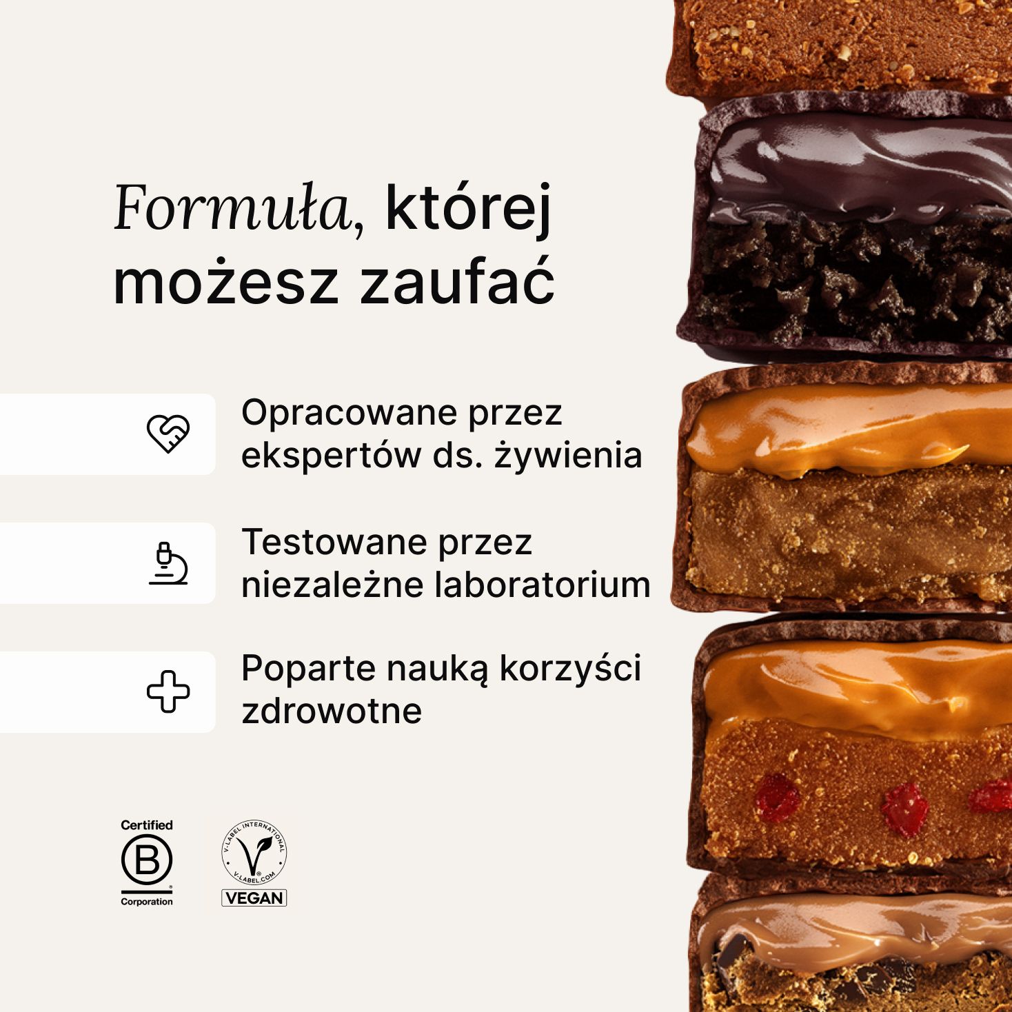 A stack of Huel caramel and peanut bars next to scientific claims about Huel products