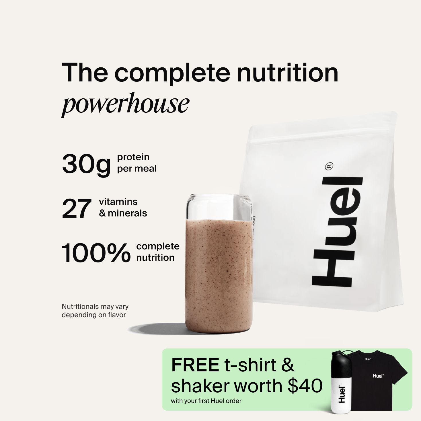 A bag of Huel powder next to a glass containing a Huel drink on a neutral background