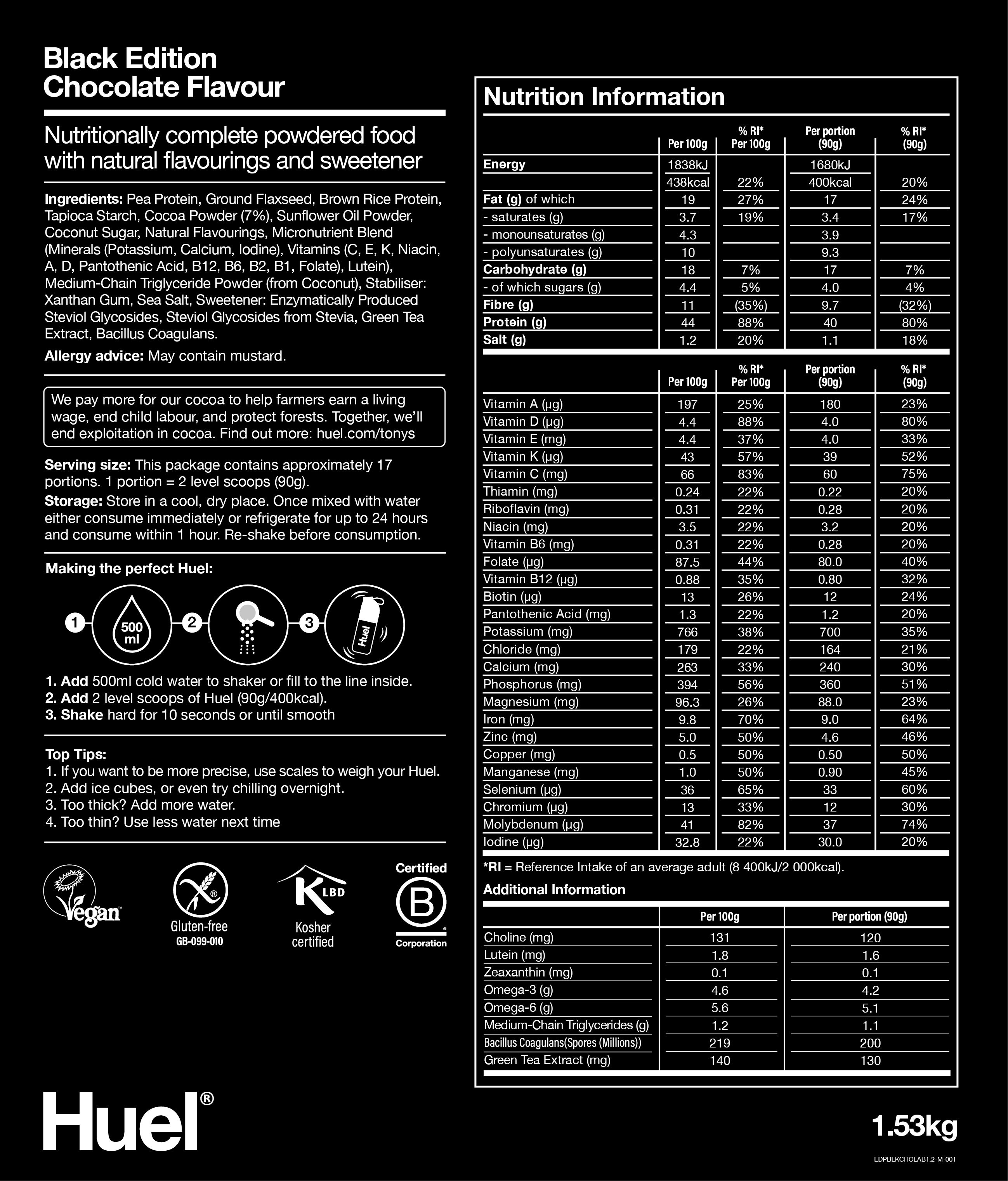 Huel Black Edition Chocolate nutritional information