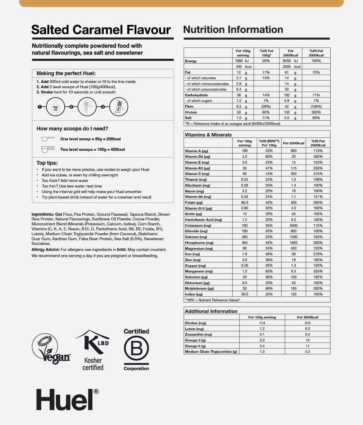 Huel Powder Salted Caramel Back of Pack Nutritional Info