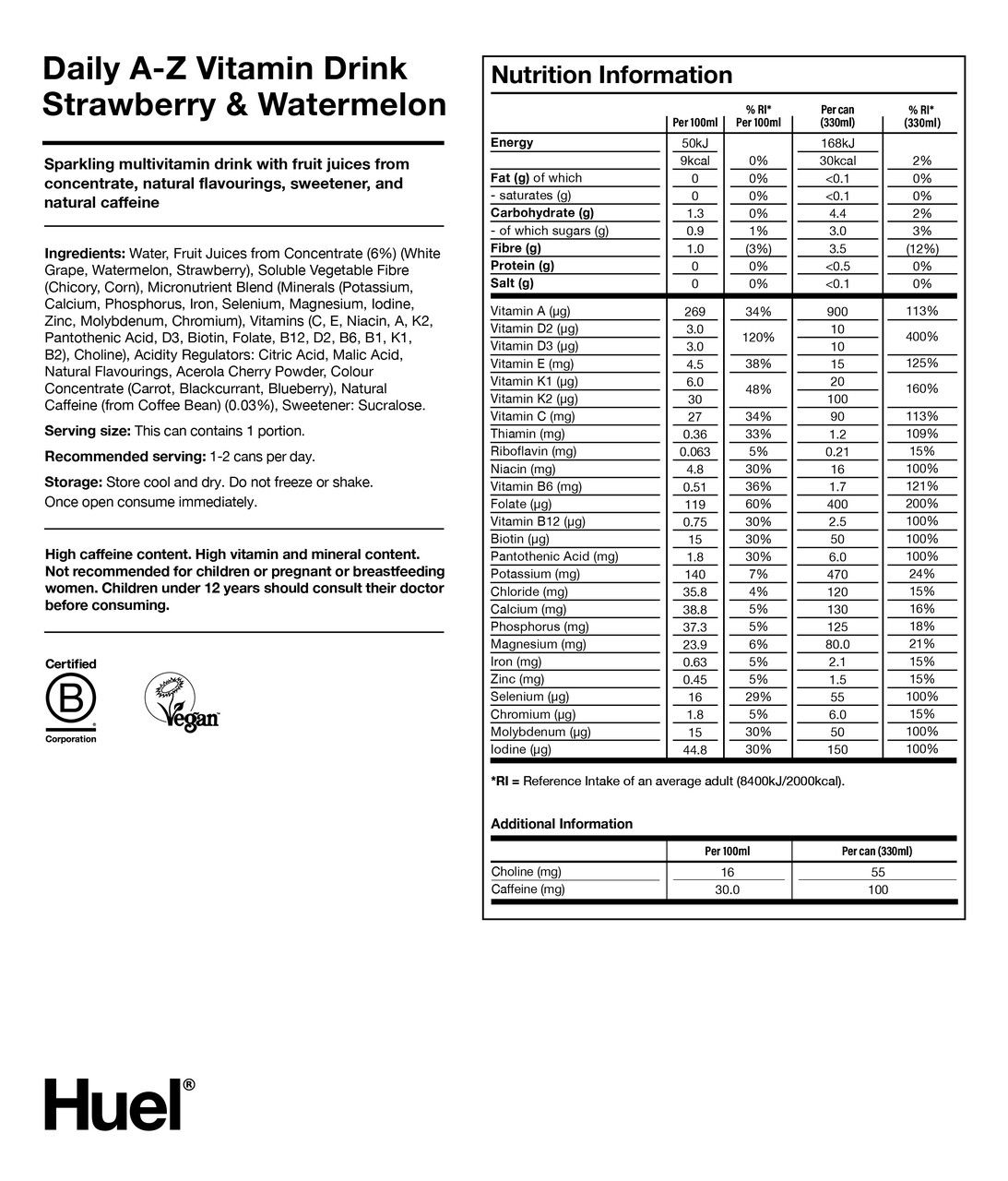 Nutritional information for Daily A-Z Vitamins