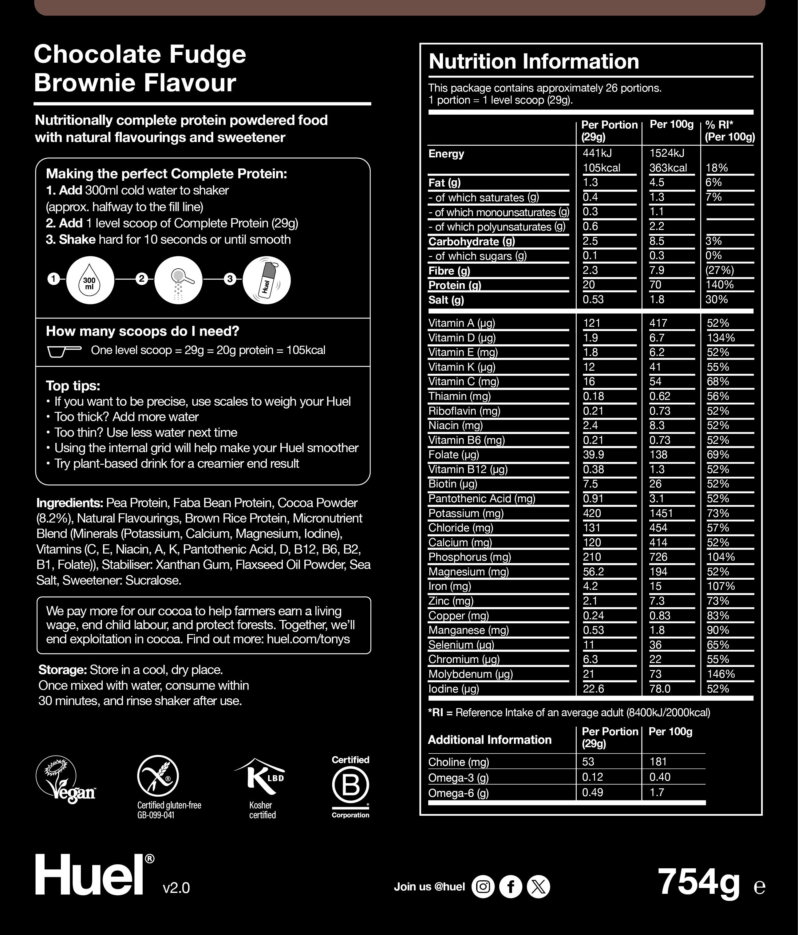Nutritional information for Huel Complete Protein - Chocolate
