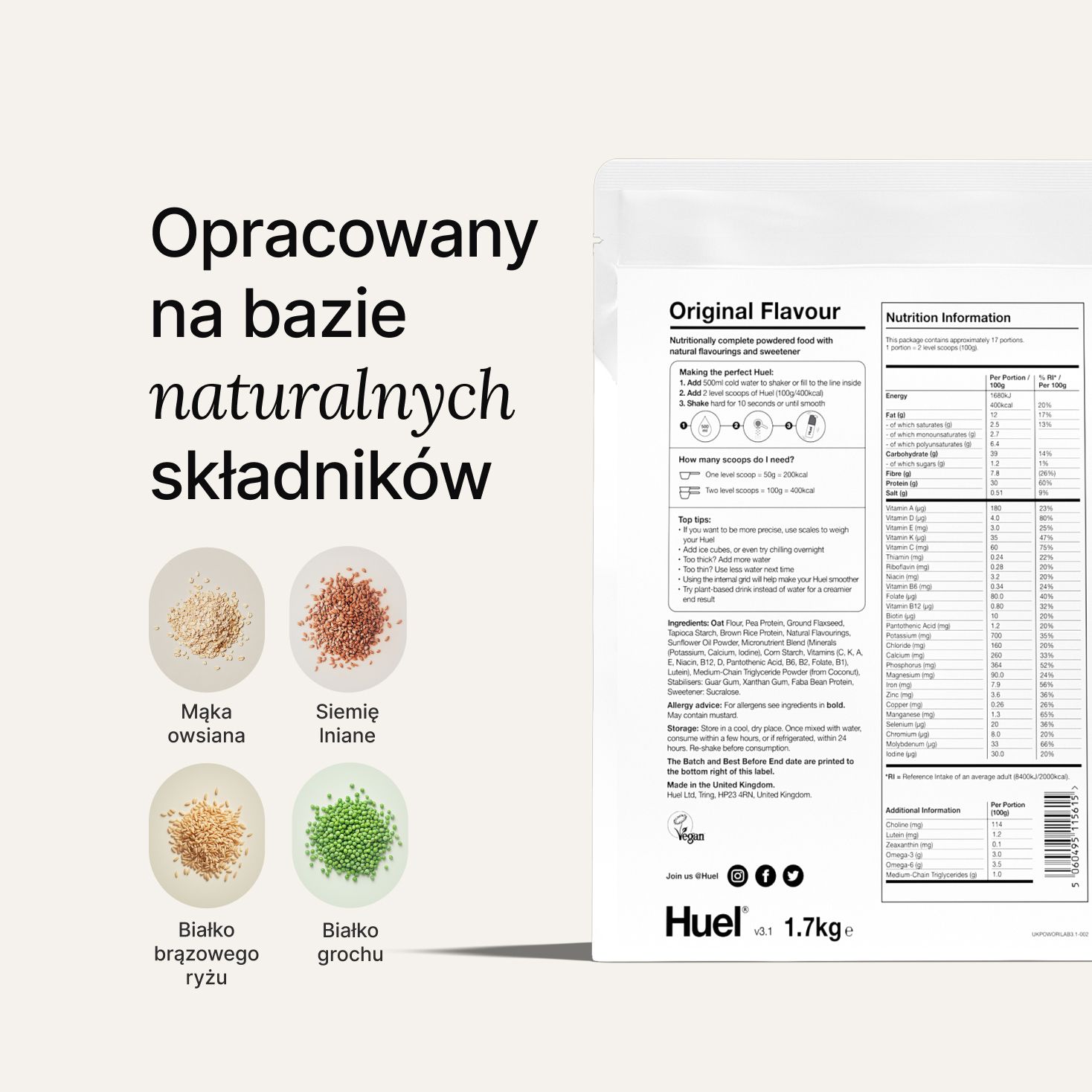 Back of pack nutritional information for Huel Powder