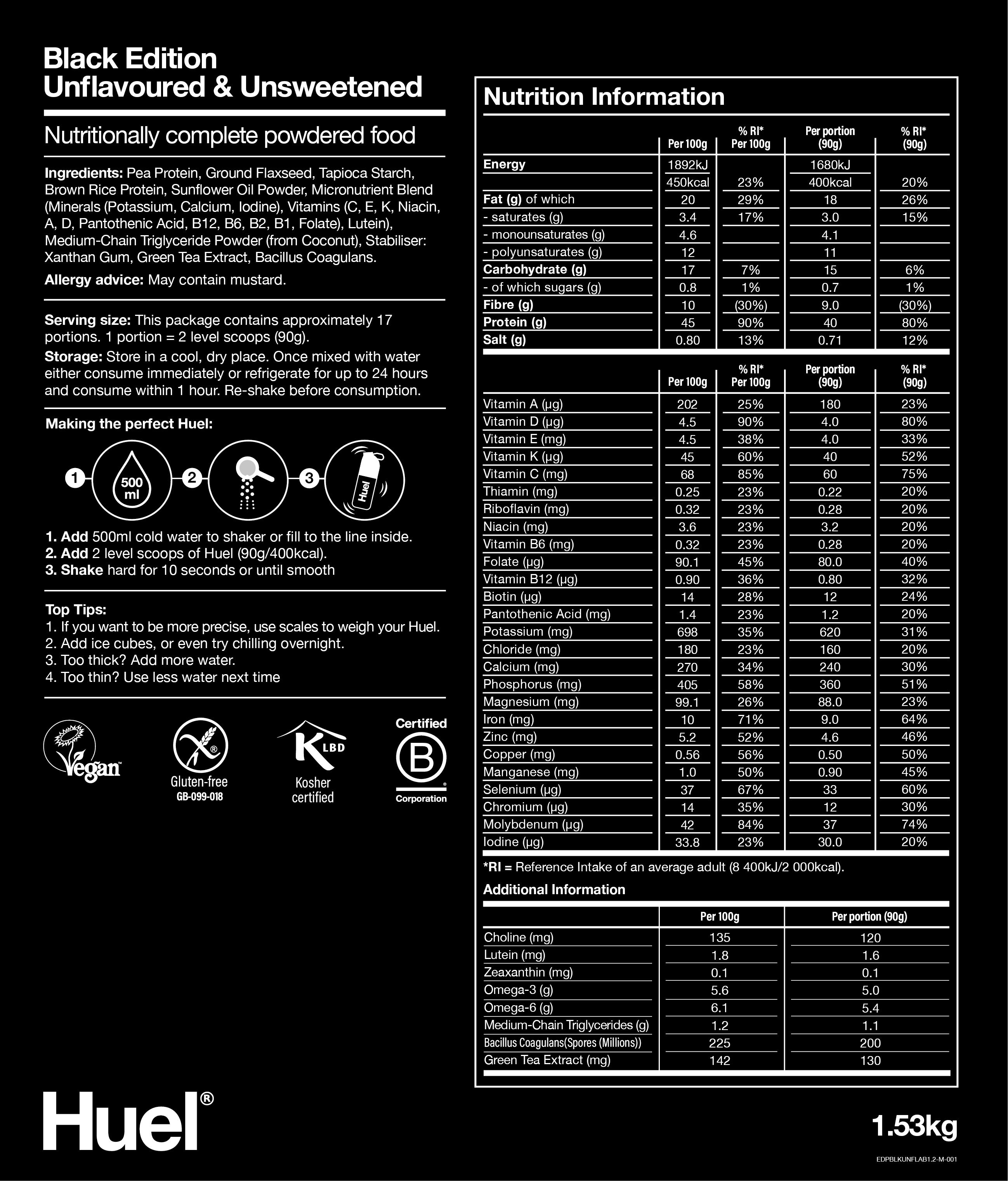 Nutritional information for Black Edition Huel - Unflavoured & Unsweetened
