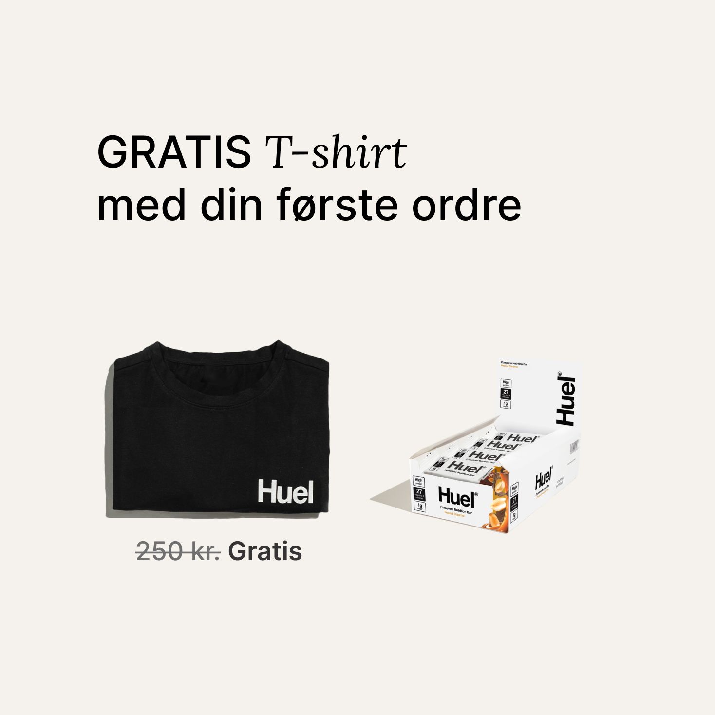 A box of Huel complete nutrition bars on a neutral background next to a black Huel t-shirt