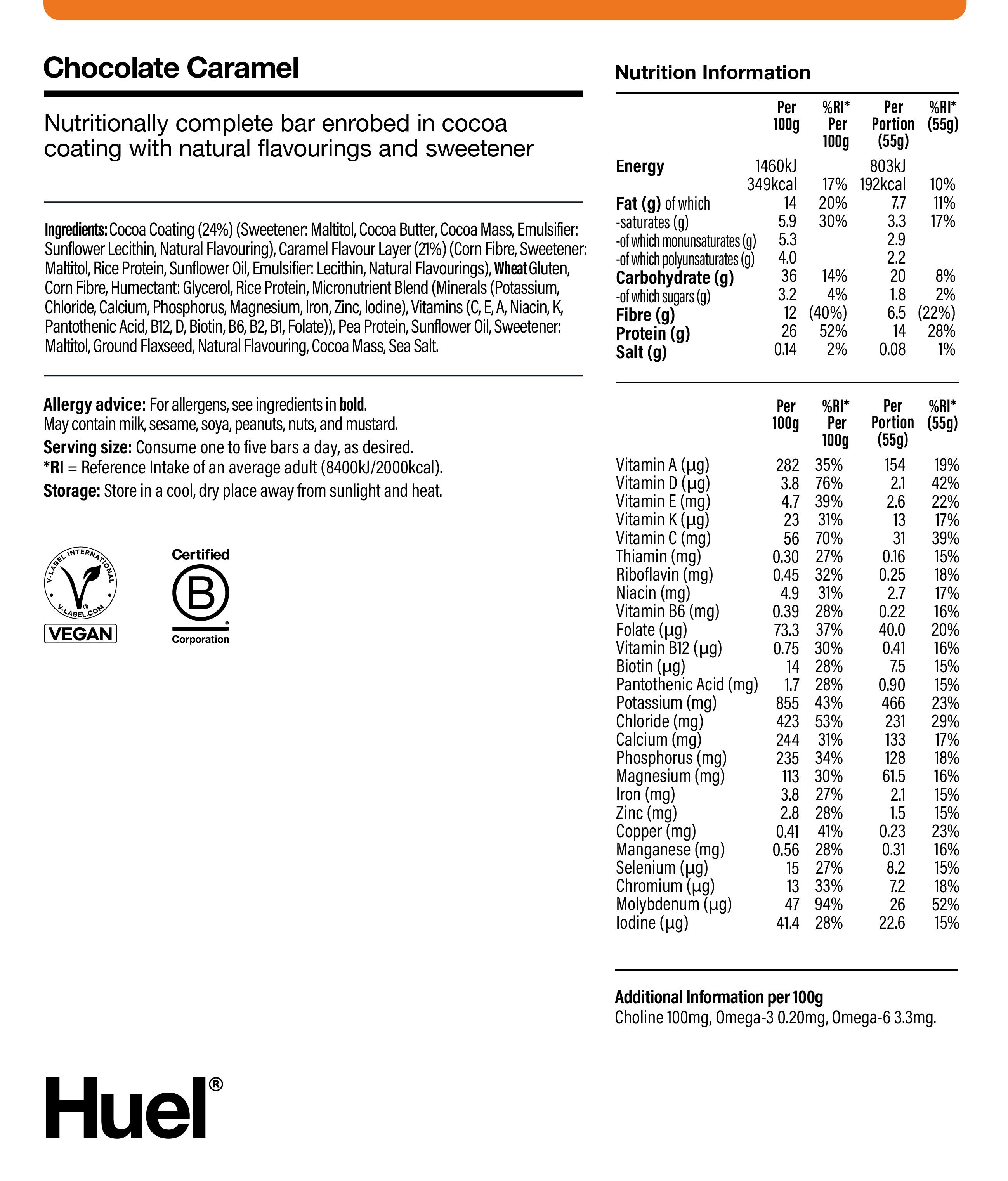 Nutritional information for Huel Complete Nutrition Bar - Chocolate Caramel