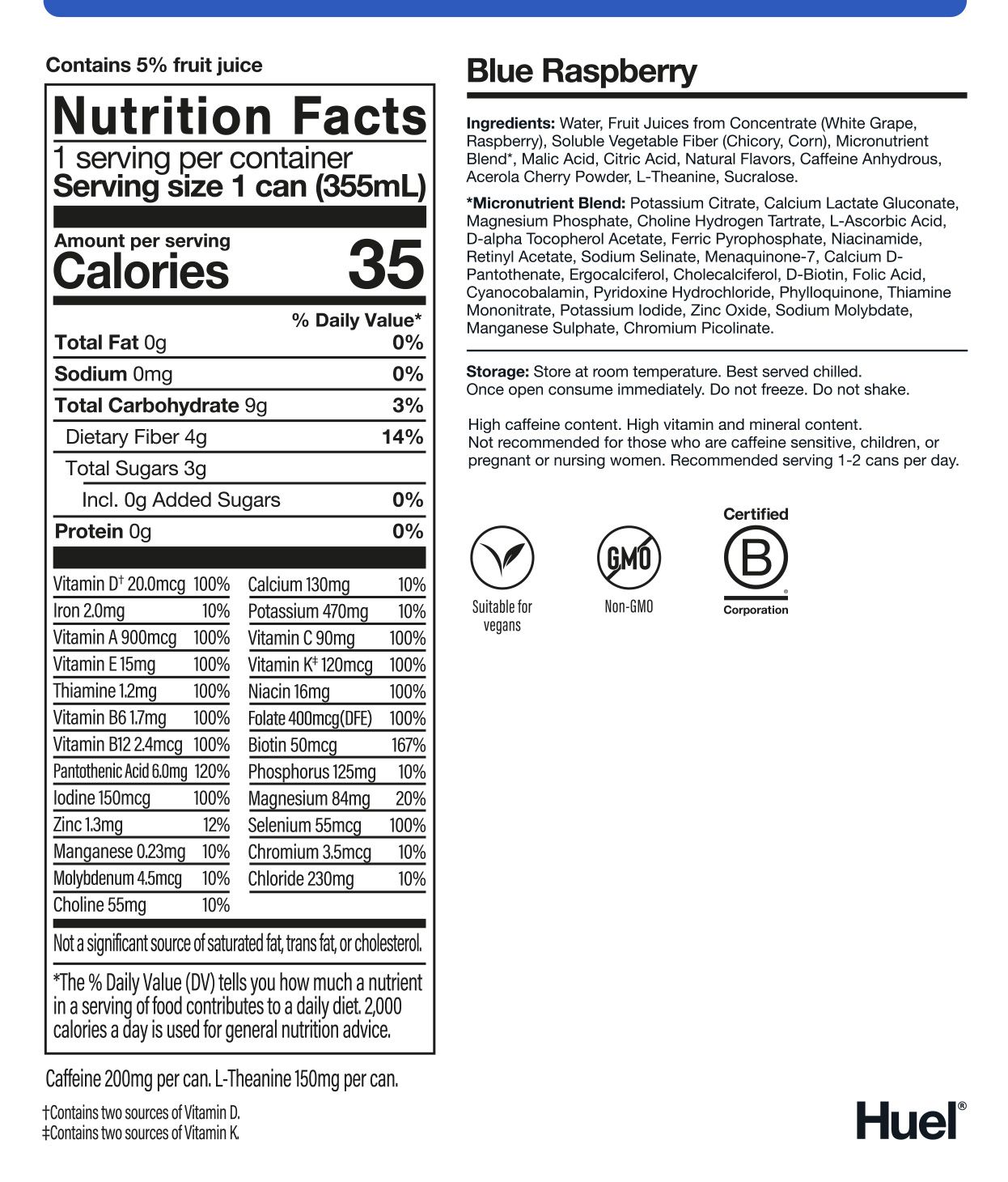 Huel's Energy+ Blue Raspberry nutritional information label