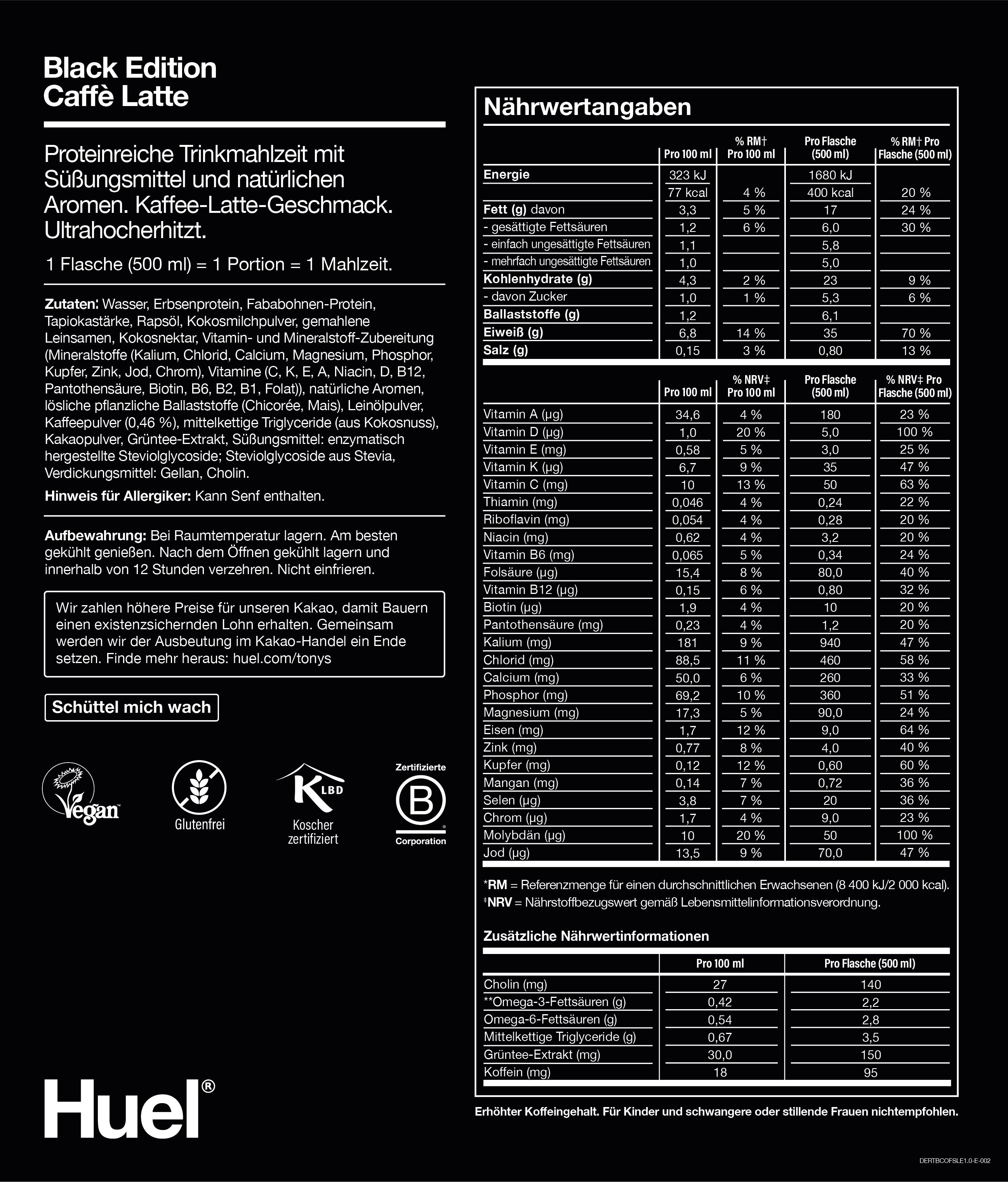 Nutritional information for Huel Black Edition RTD - Caffe Latte