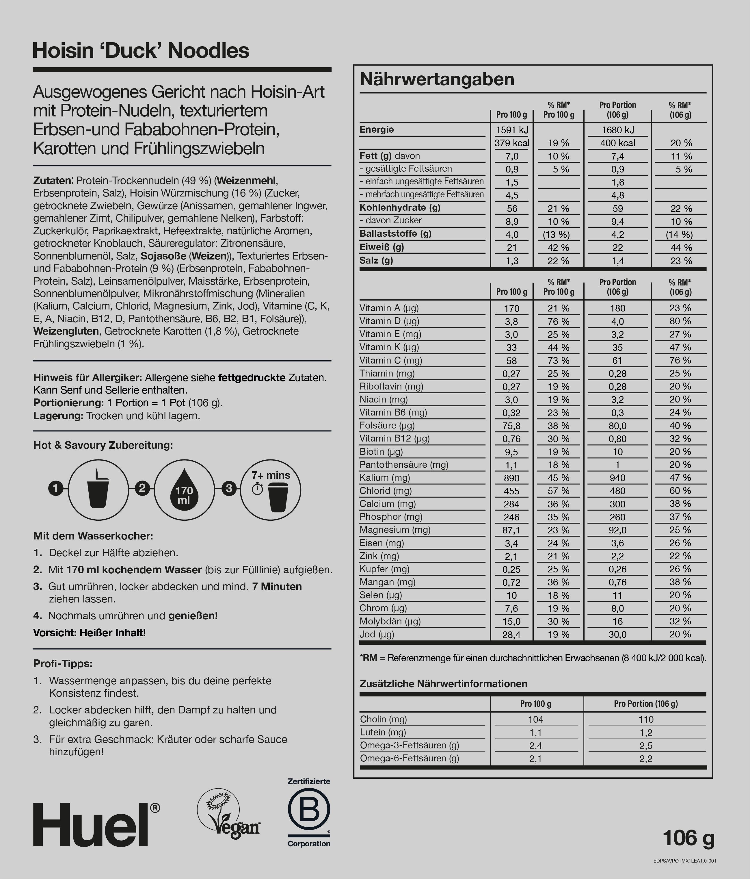  Huel Hot & Savoury Pots- Hoisin 'Duck' Noodles Nährwerte und Zutaten