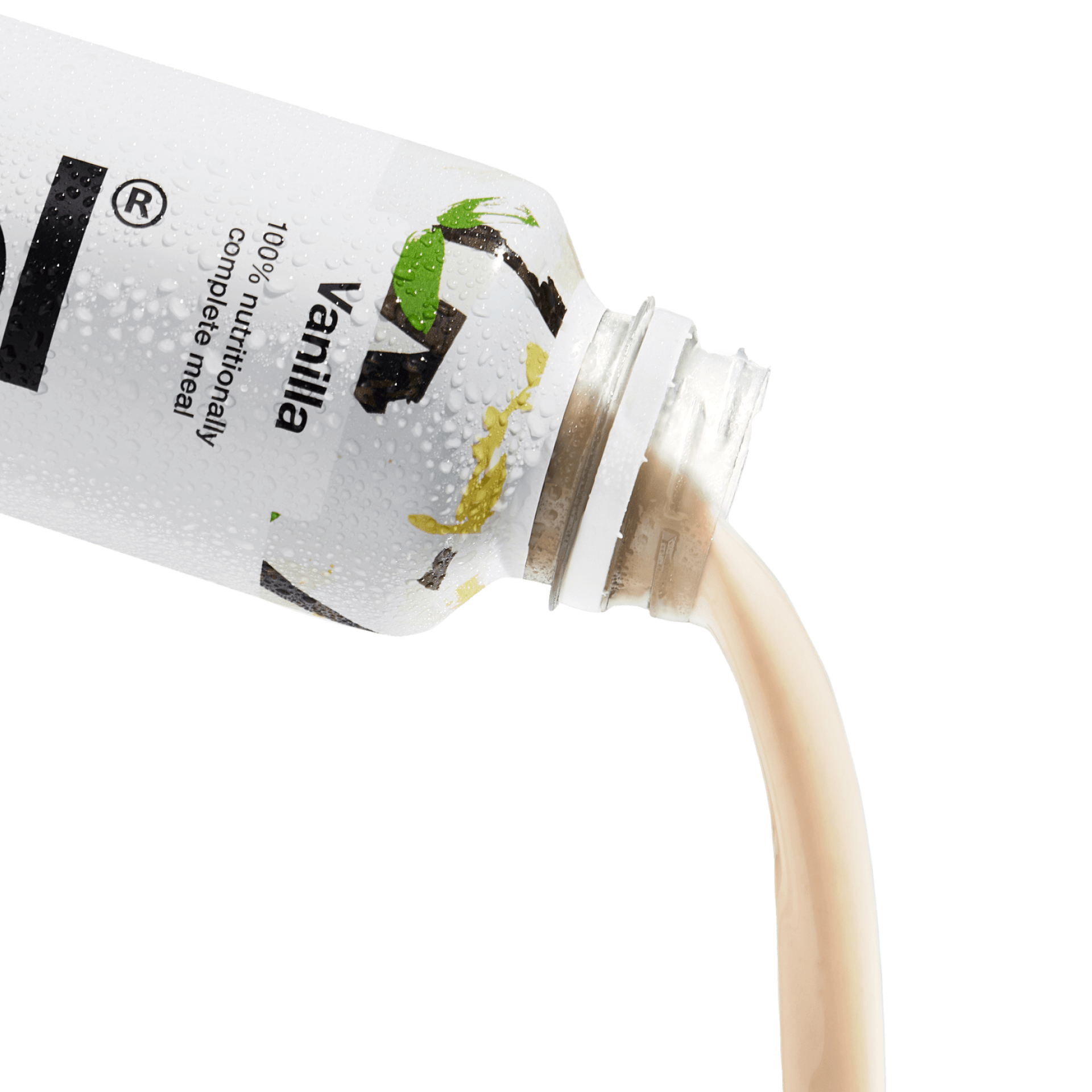 Billede af vanilje Huel drikkeklar proteindrik hældes fra en flaske