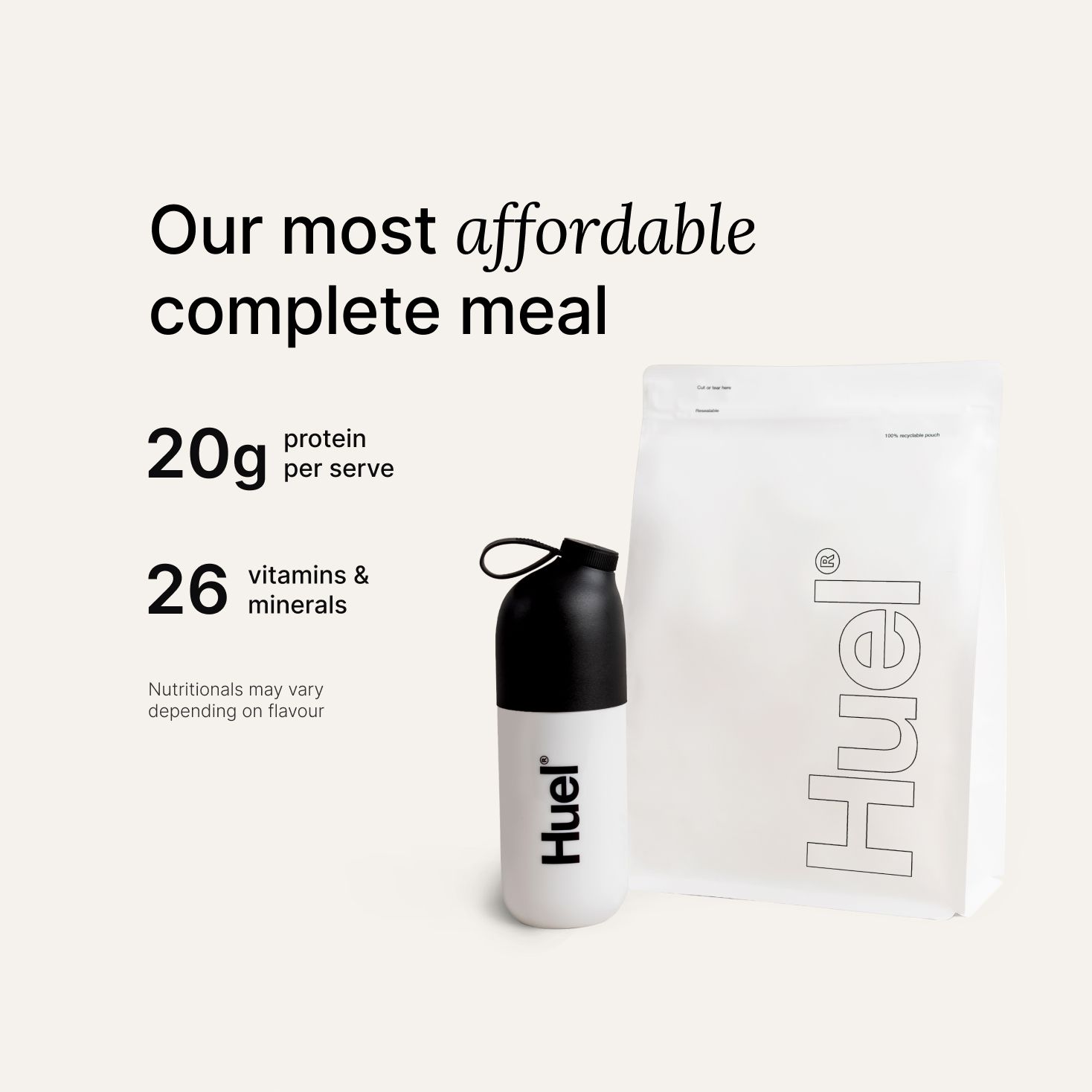 A white pouch of Huel Essential and a Huel shaker on a neutral colour background